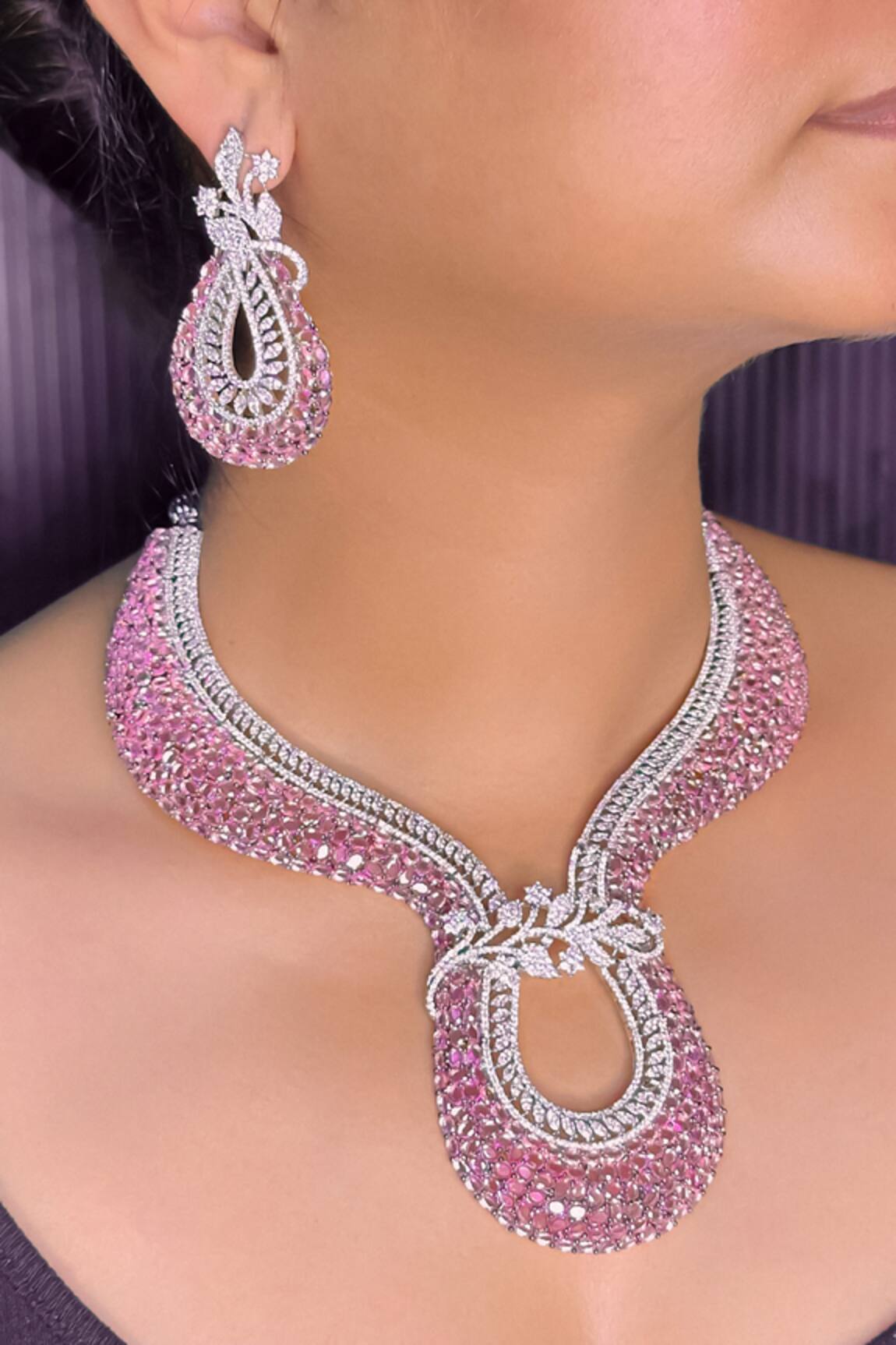 kavipushp AD Pink Stone Choker Necklace Set 