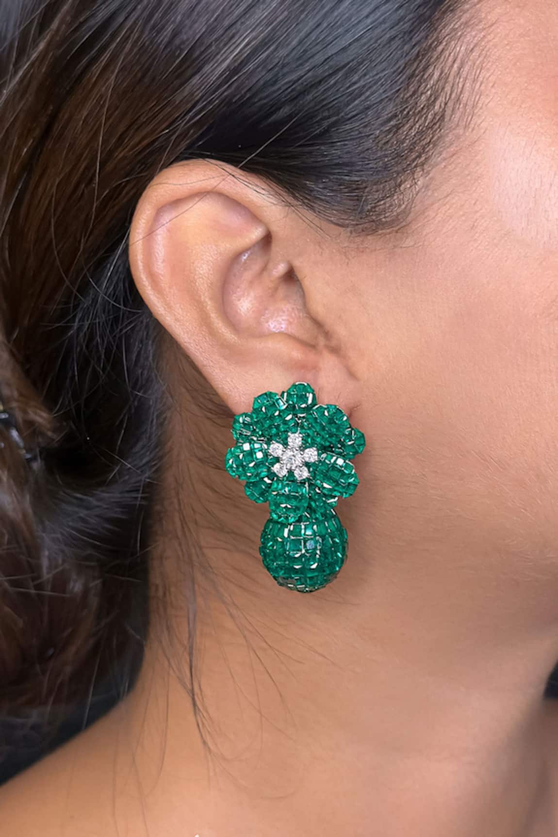 kavipushp Emerald White Stone Drop Earring Set 