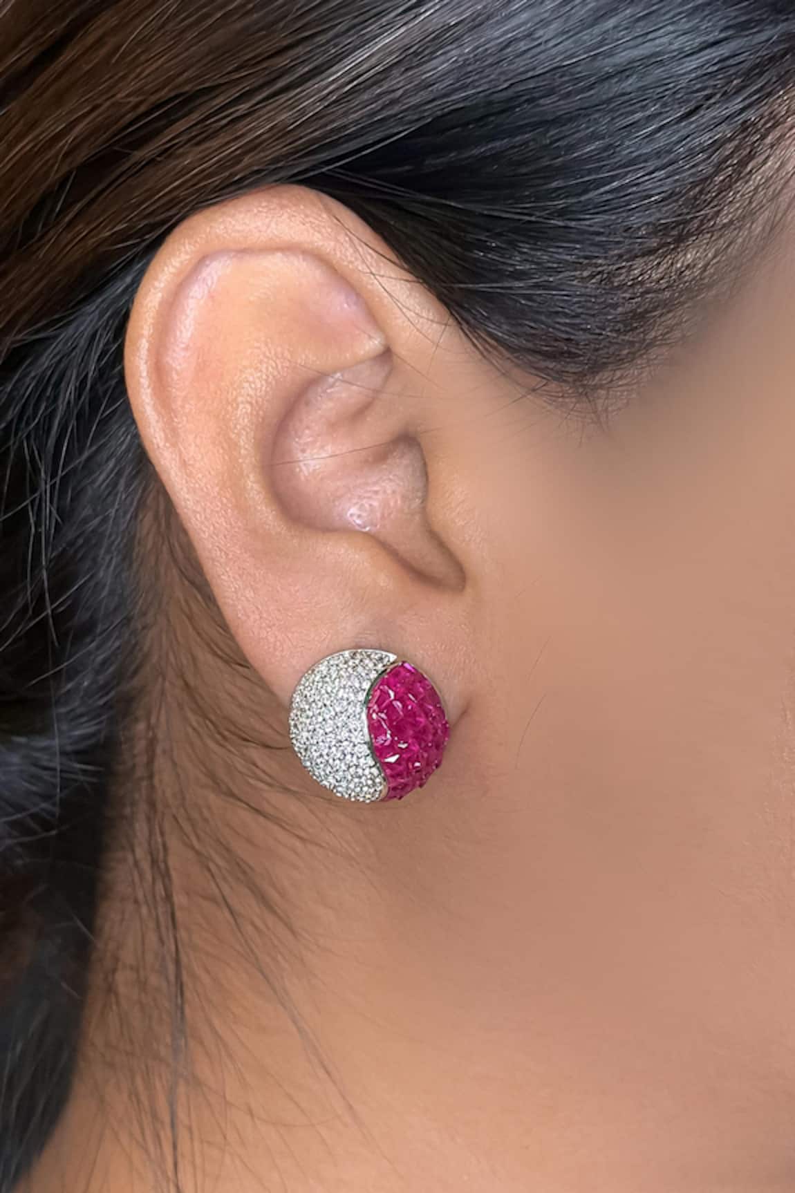 kavipushp Elegant Red Crystal & Silver Stud Earrings 