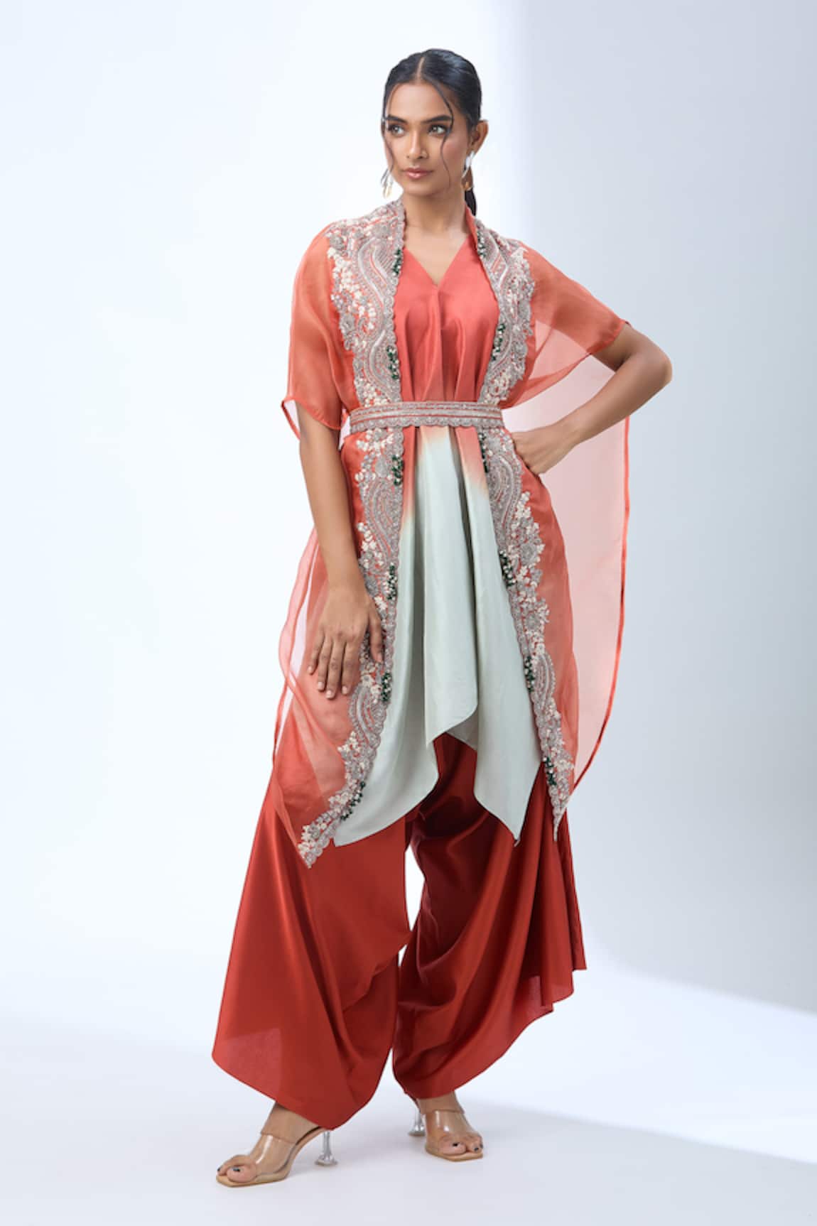 Prisho Floral Embroidered Cape & Ombre Kurta Set 