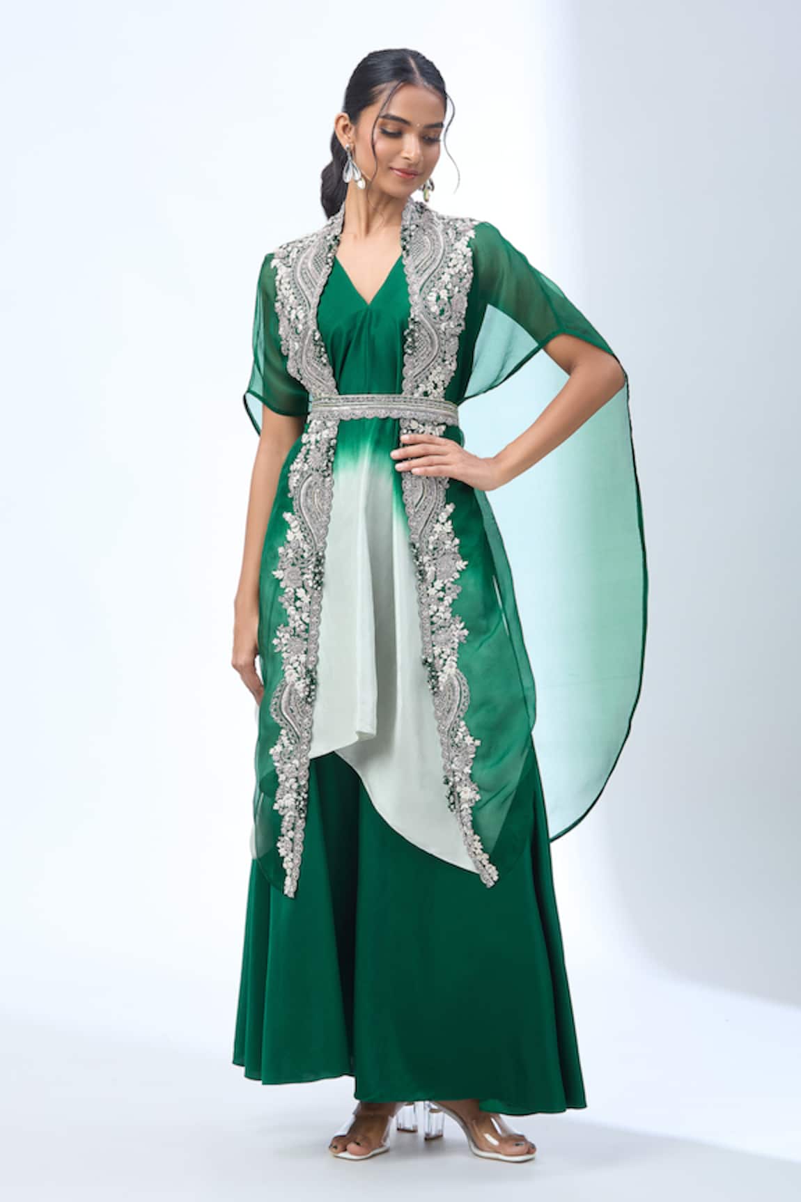 Prisho Floral Embroidered Cape Asymmetric Kurta Set 