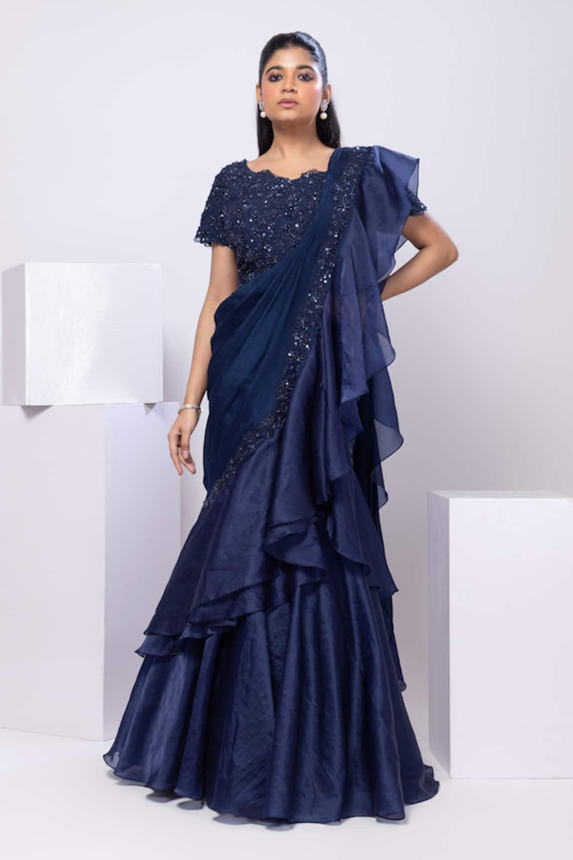 Smriti By Anju Agarwal Nova Blue Drape Saree Set 
