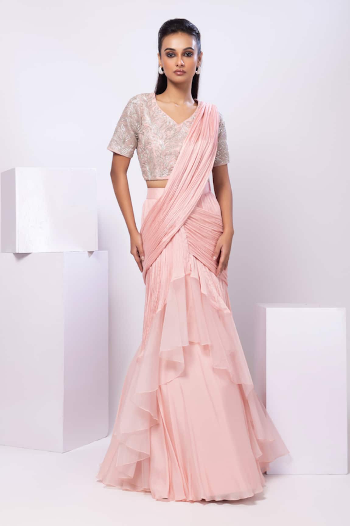 Smriti By Anju Agarwal Pink Pre-Draped Saree Set 