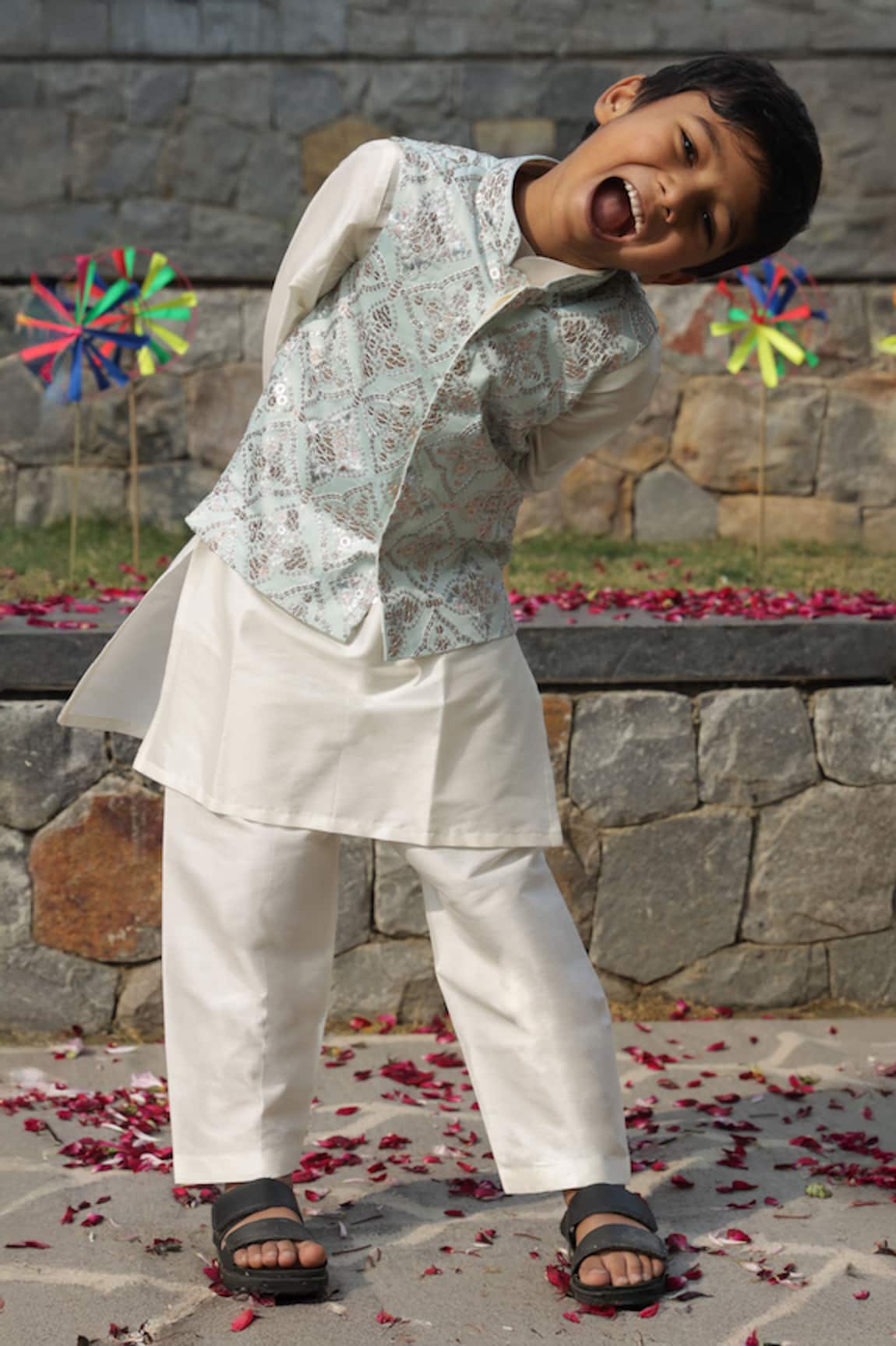 Taber Tikri White Blue Geometrical Embroidered Nehru Jacket Set 