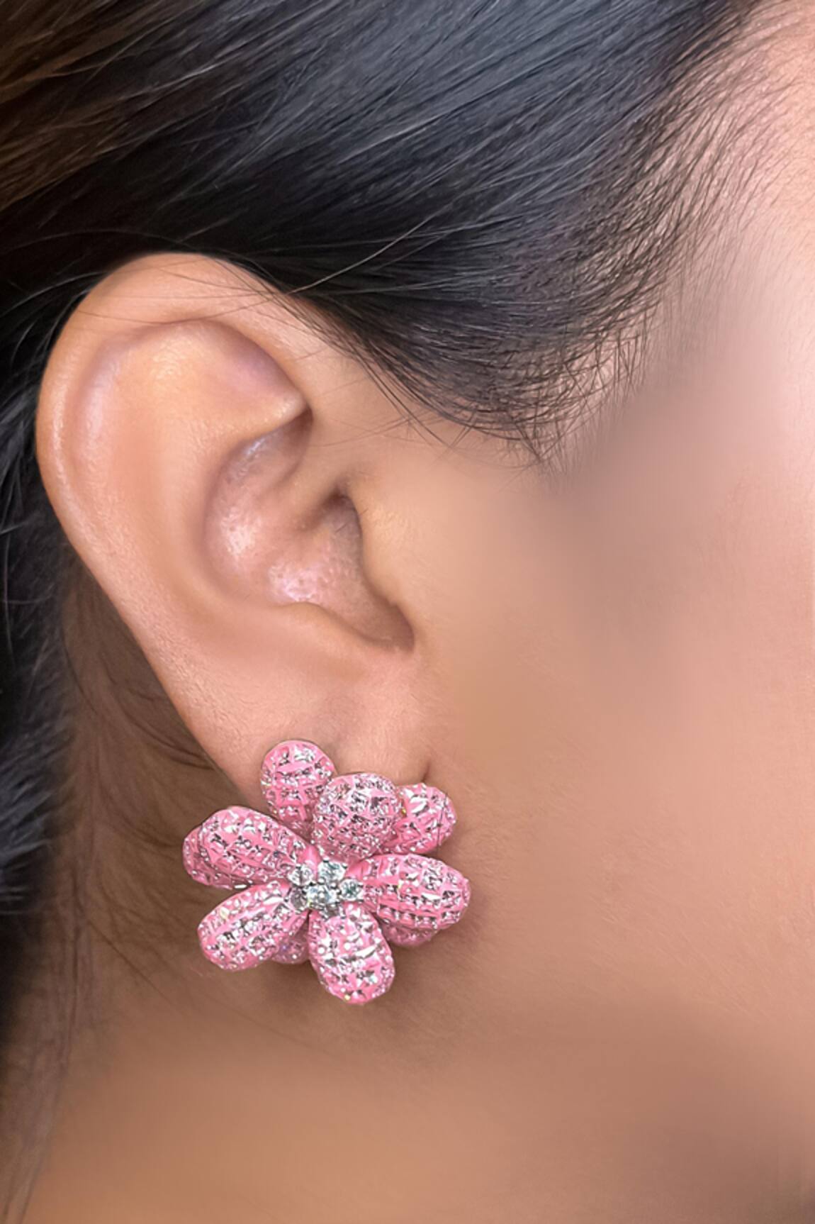 kavipushp Diamond-Studded Pink Flower Earrings 