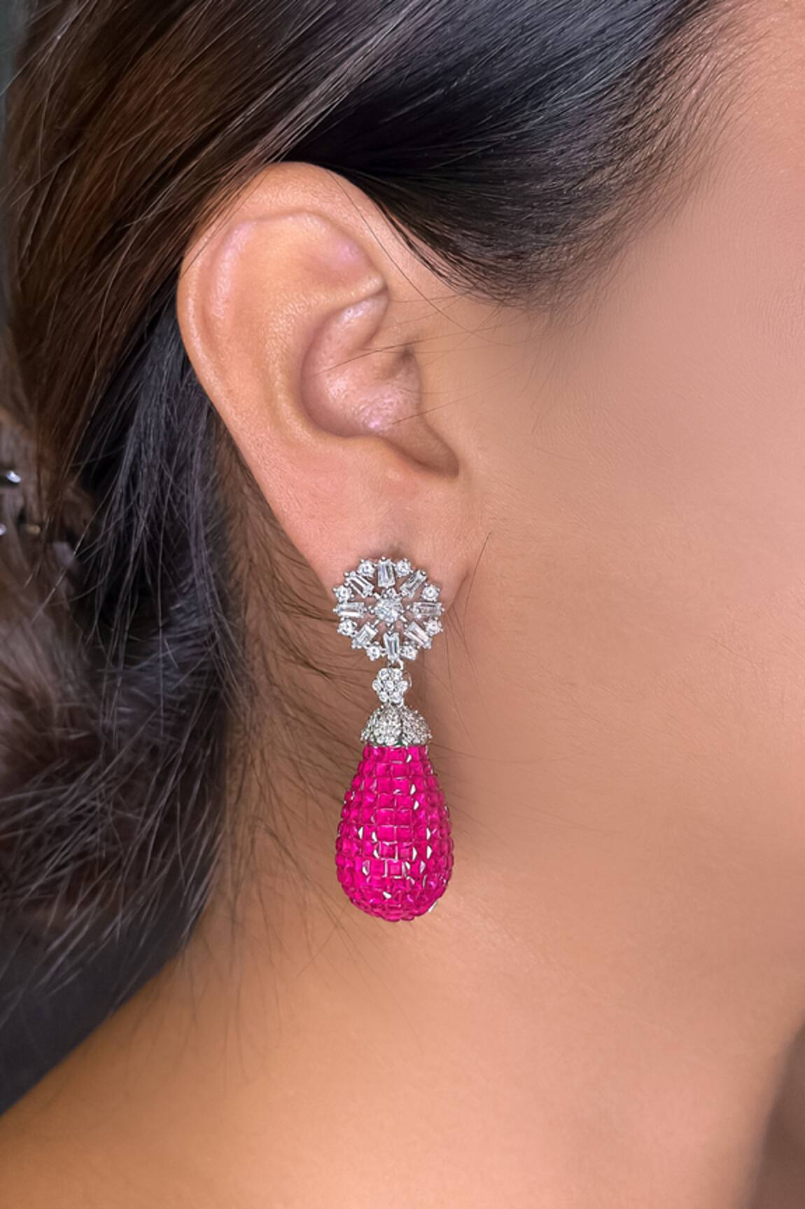 kavipushp Emerald Pink Drop Earring Set 