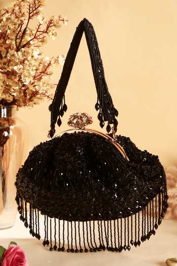 Nazaakat By Samara Singh Designer Black Silk Handbag with Detachable Handle 