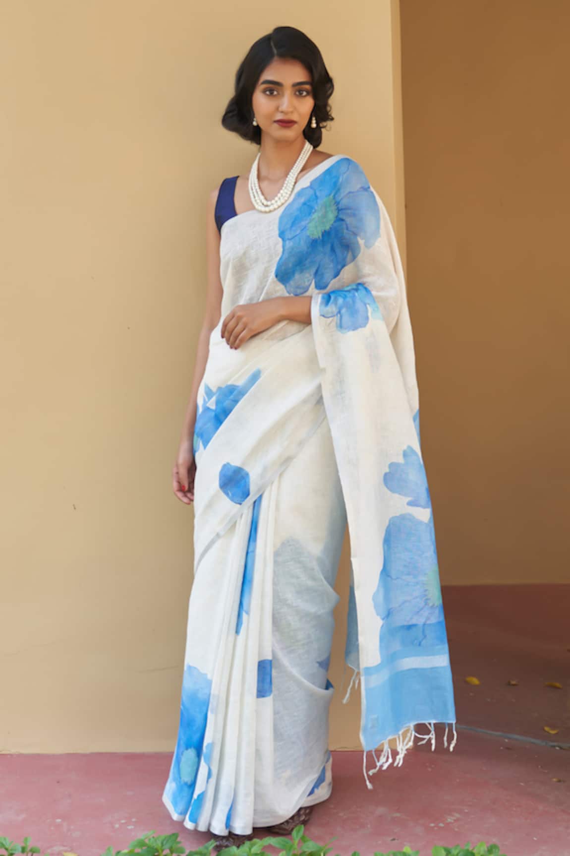 Five Point Five Blue Floral Print Linen Saree with Running Blouse 