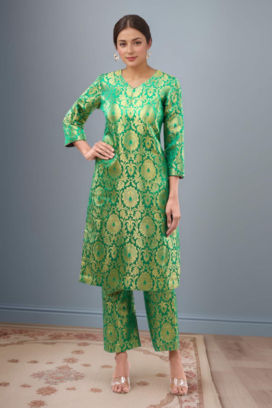 Samyukta Singhania Green Brocade Straight Kurta Set 