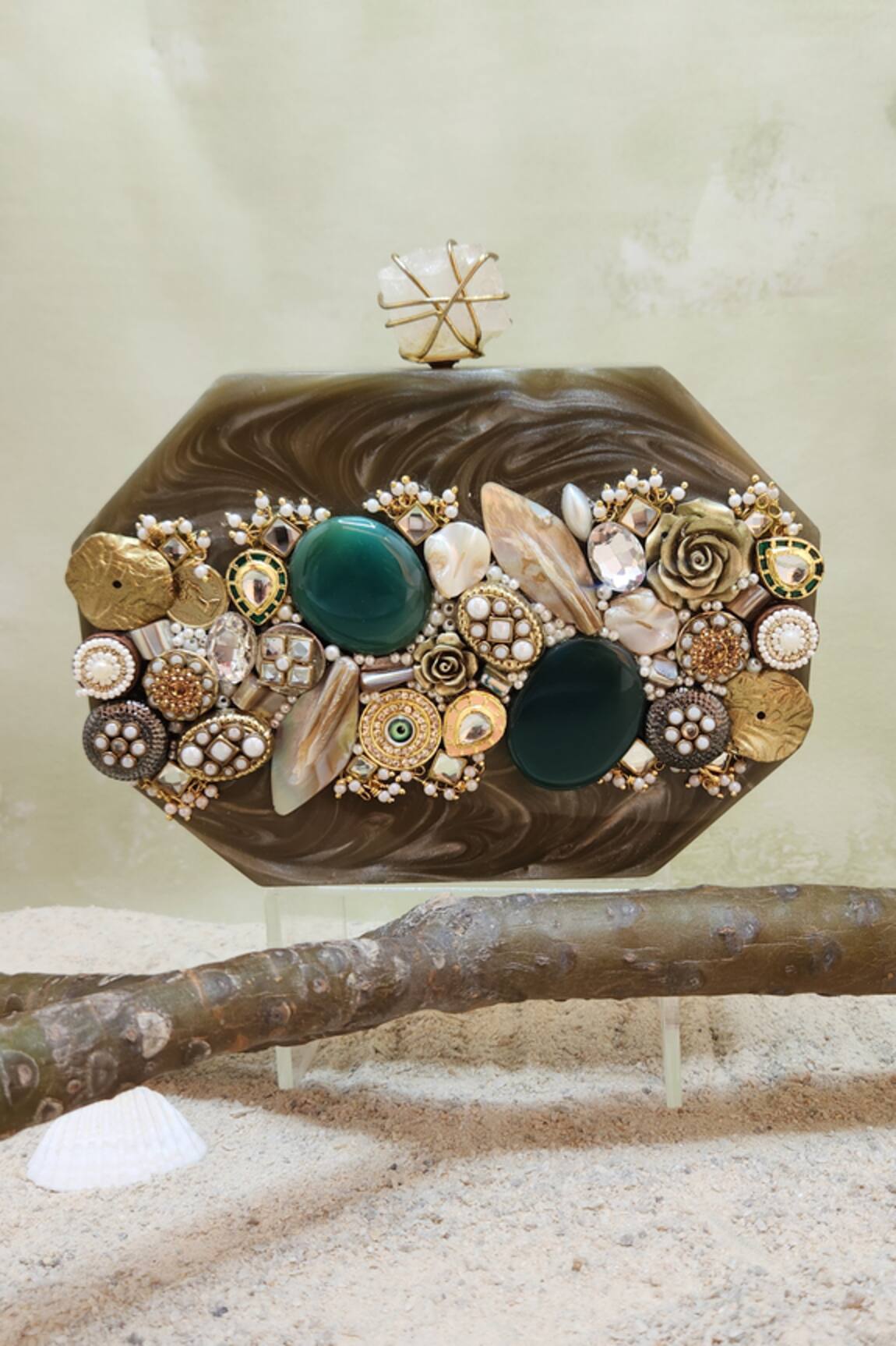 Adwita Bags & Jewels Meena Mosaic Stone & Crystal Embellished Clutch