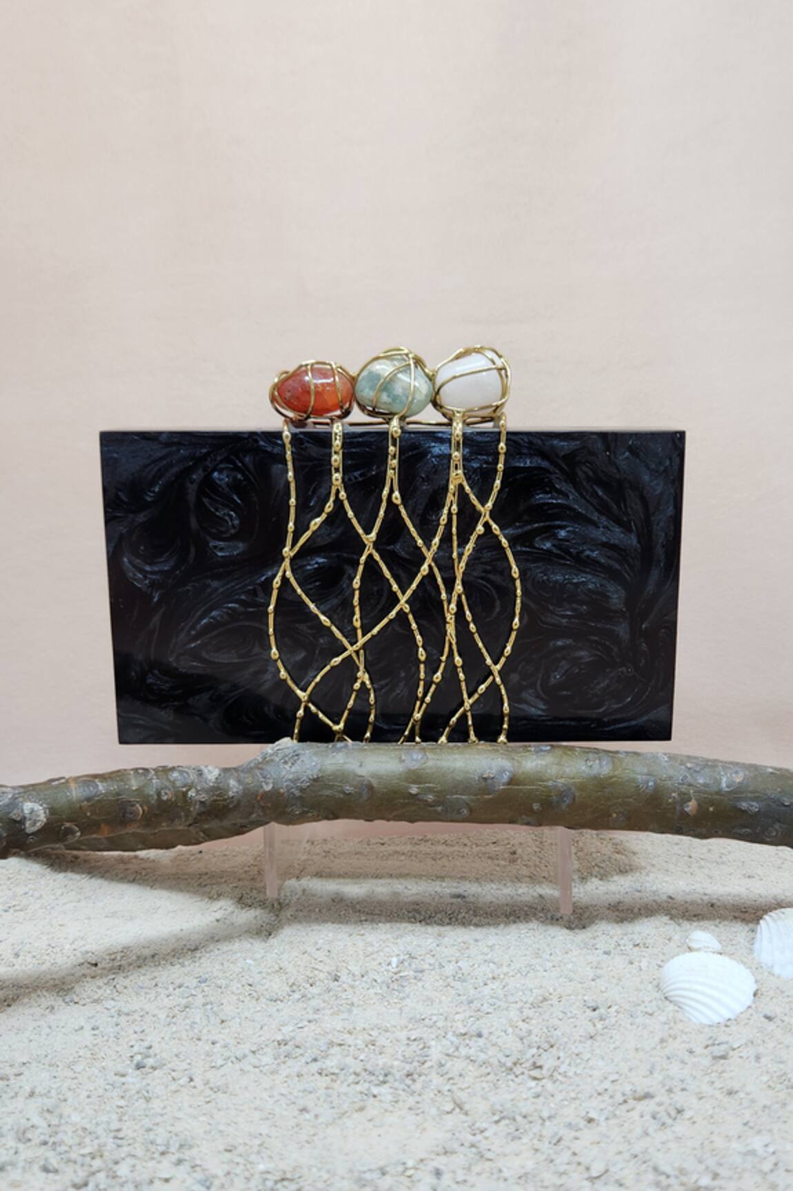 Adwita Bags & Jewels Pebble Stone & Jaal Embellished Clutch