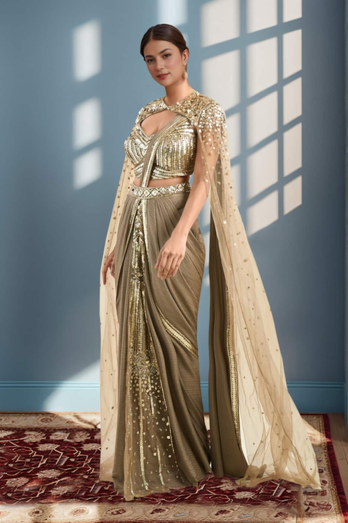 Samyukta Singhania Border Embroidered Pre-Draped Saree Set 