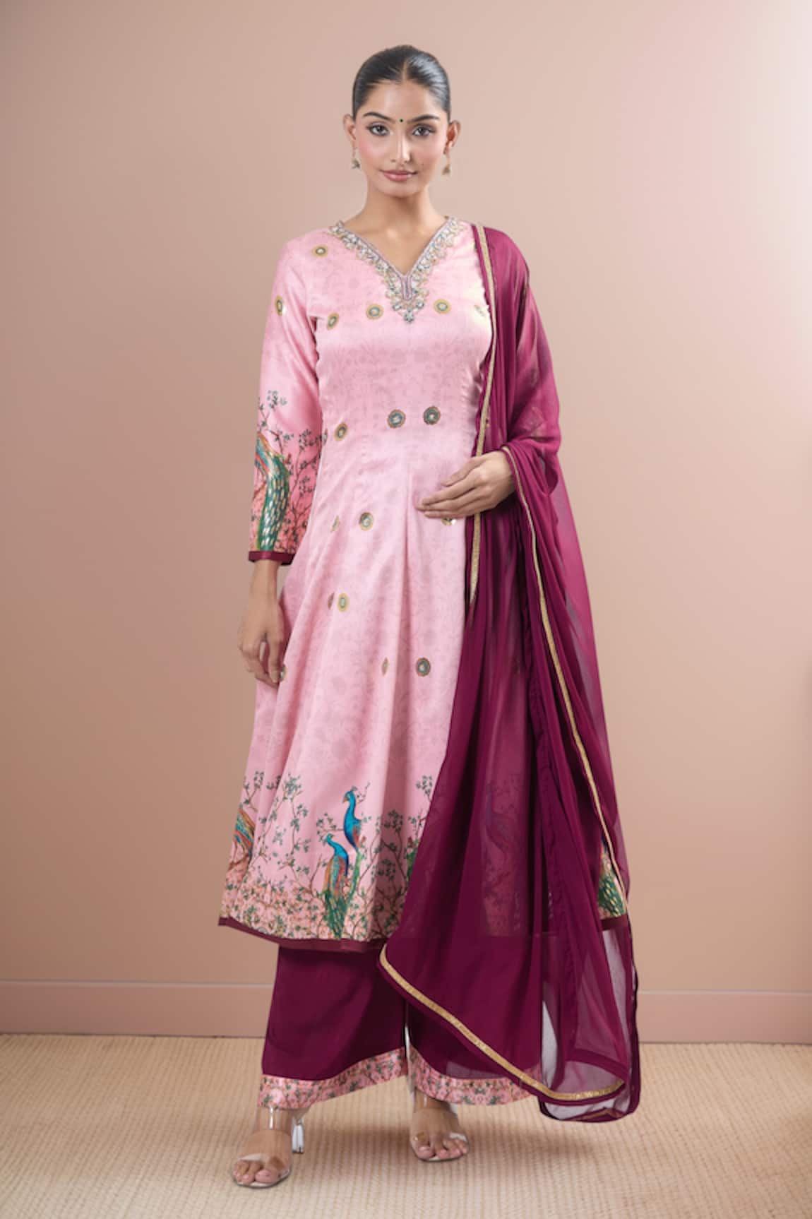 Samyukta Singhania Pink Foil Digital Anarkali Kurta Set 