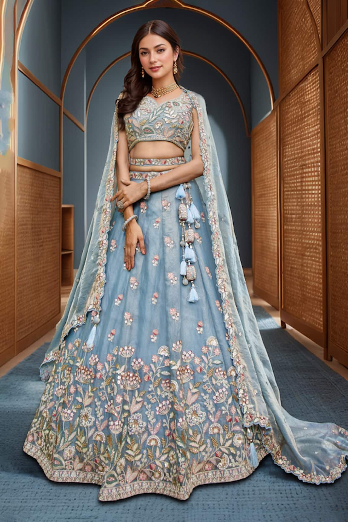 Samyukta Singhania Floral Embroidered Blue Lehenga Set 