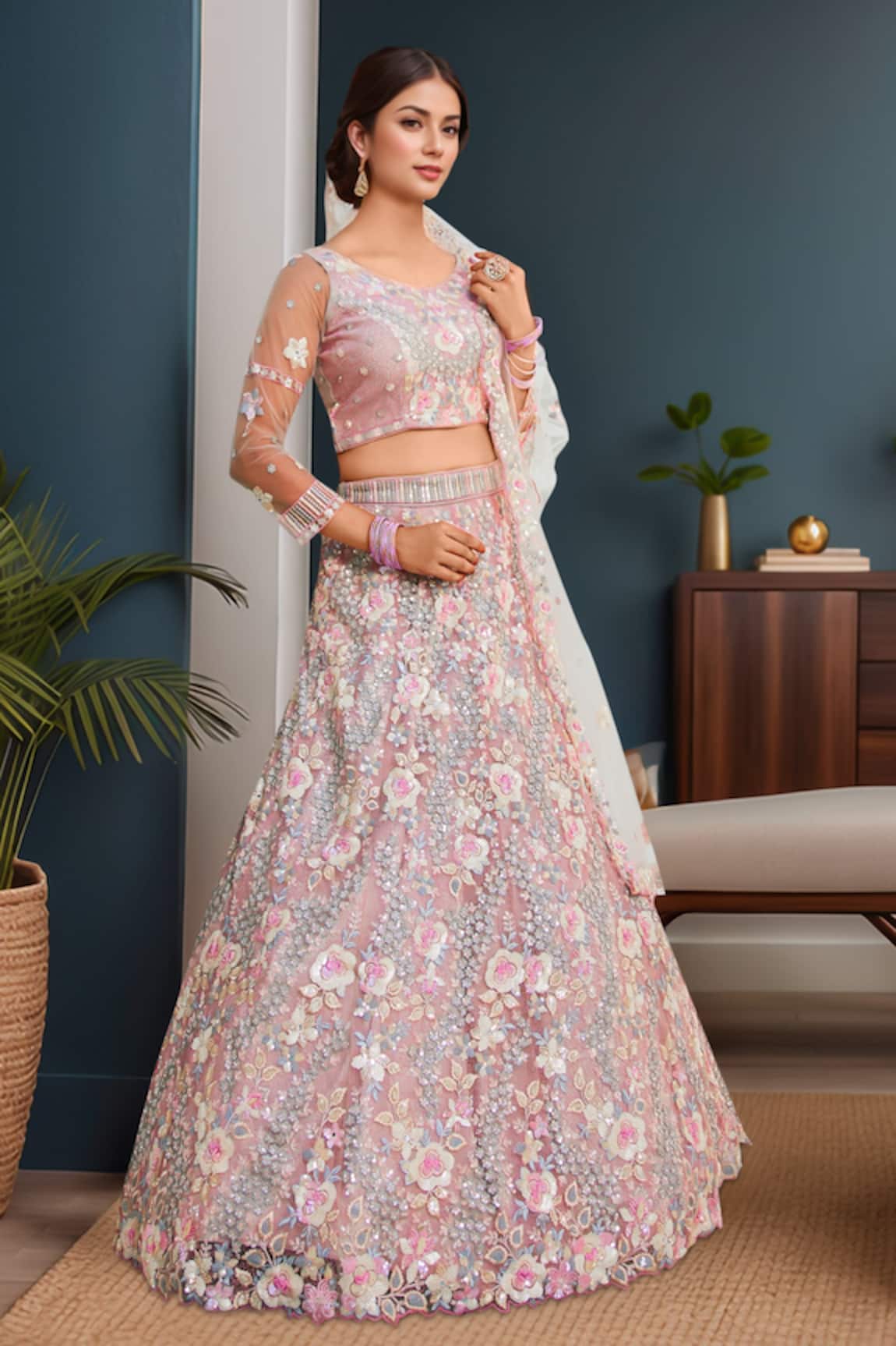 Samyukta Singhania Grey Floral Embroidered Lehenga Set 