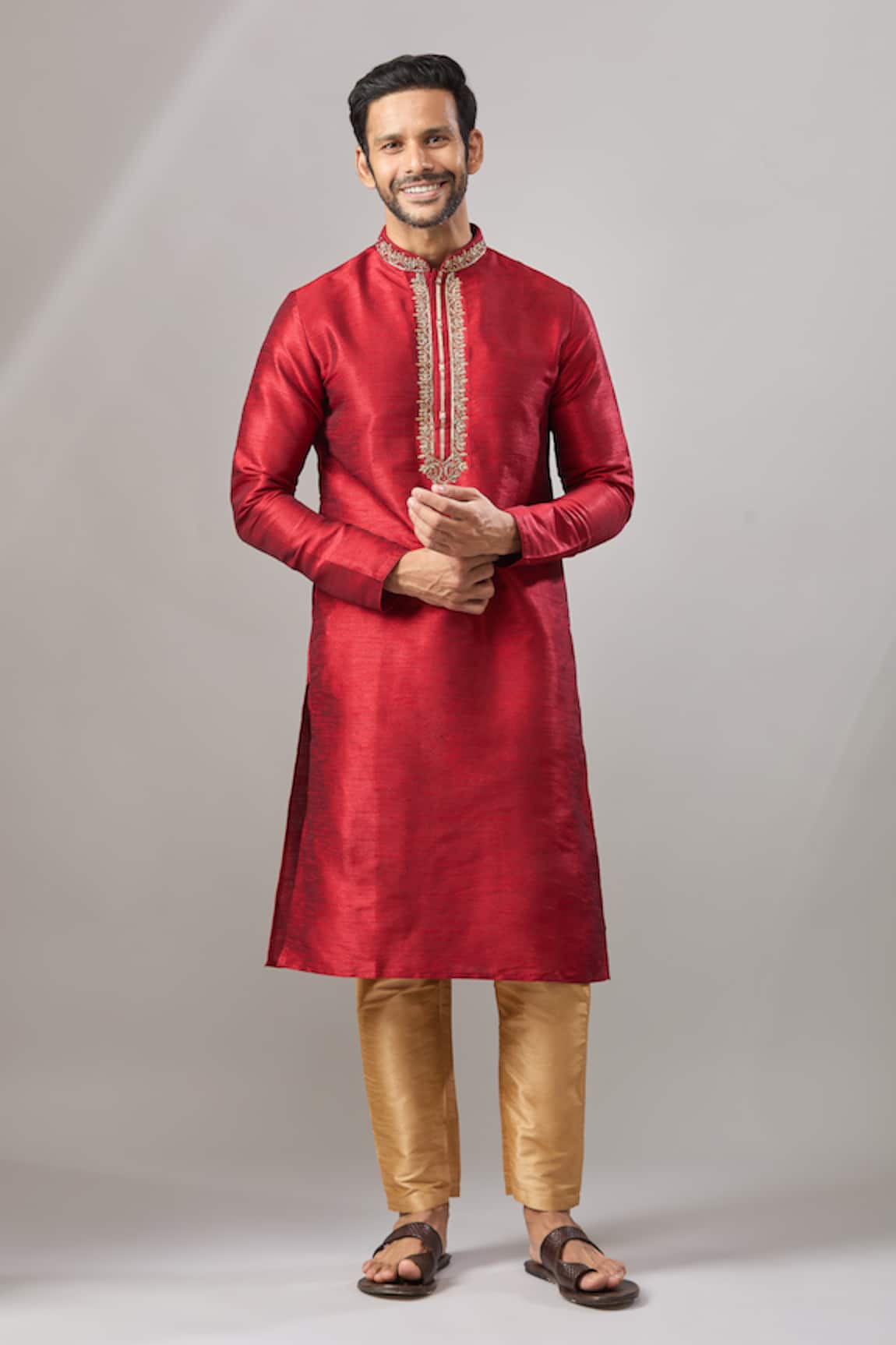 Arihant Rai Sinha Maroon Plain Banarasi Silk Kurta Set 