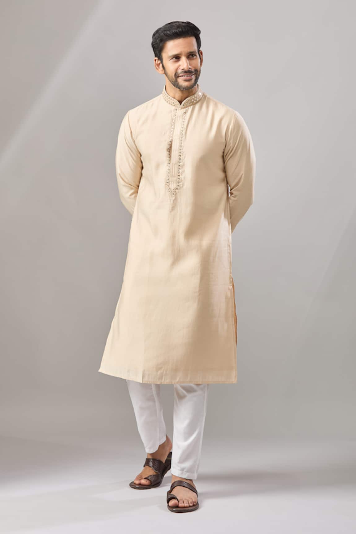 Arihant Rai Sinha Beige Plain Banarasi Silk Kurta Set 