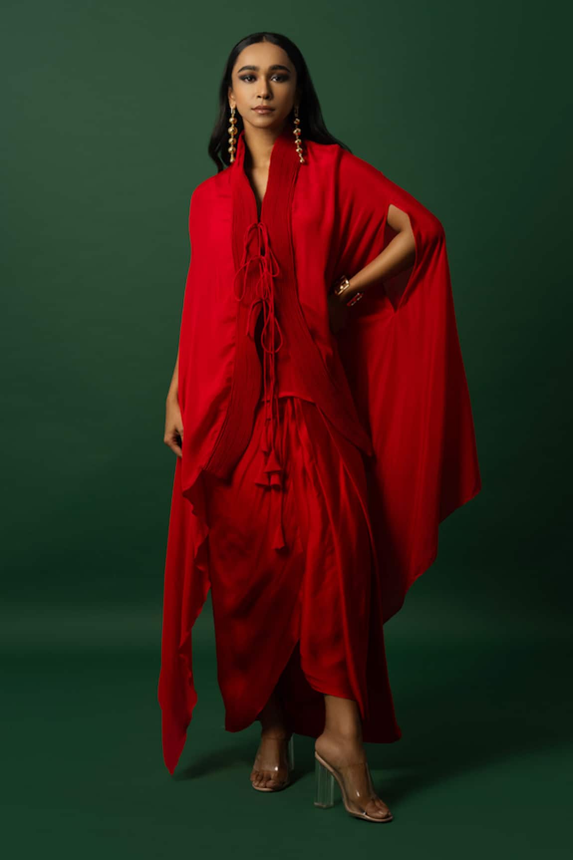 DAY AND MOOD Red Chiffon Dhoti Set With Cape 