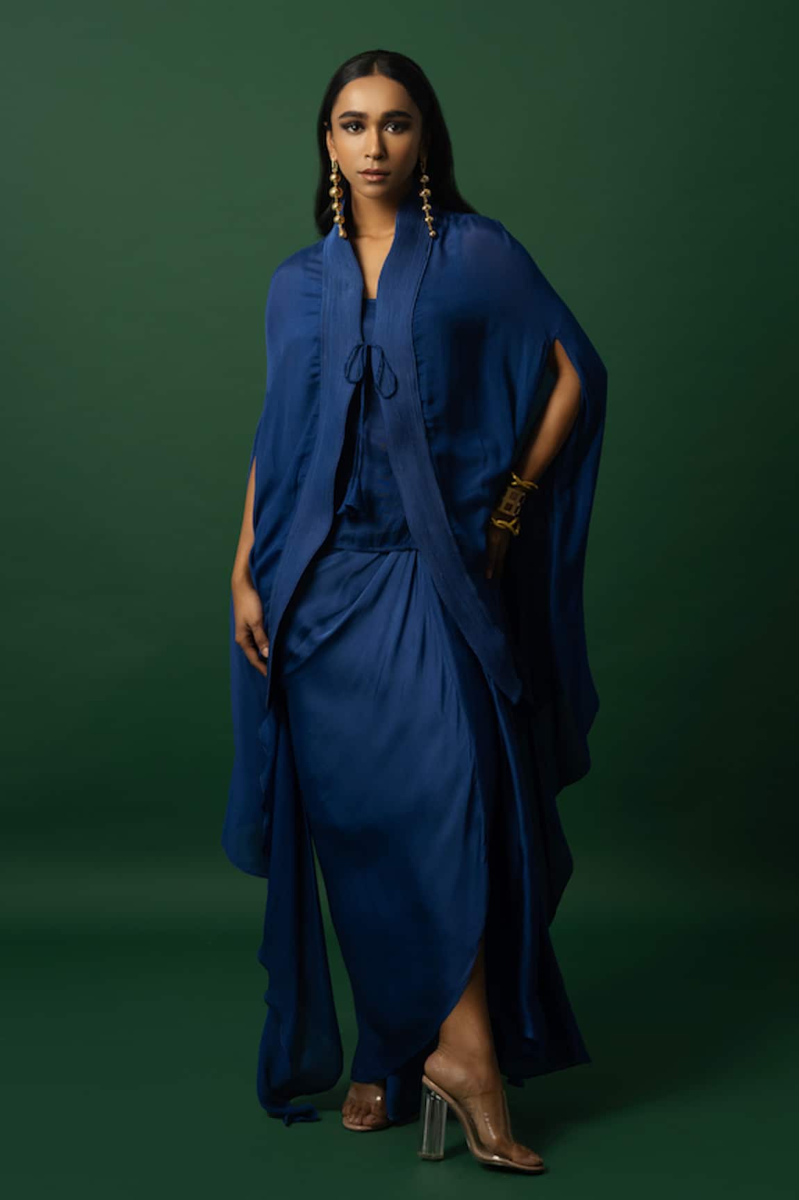 DAY AND MOOD Blue Chiffon Dhoti Set with Cape 