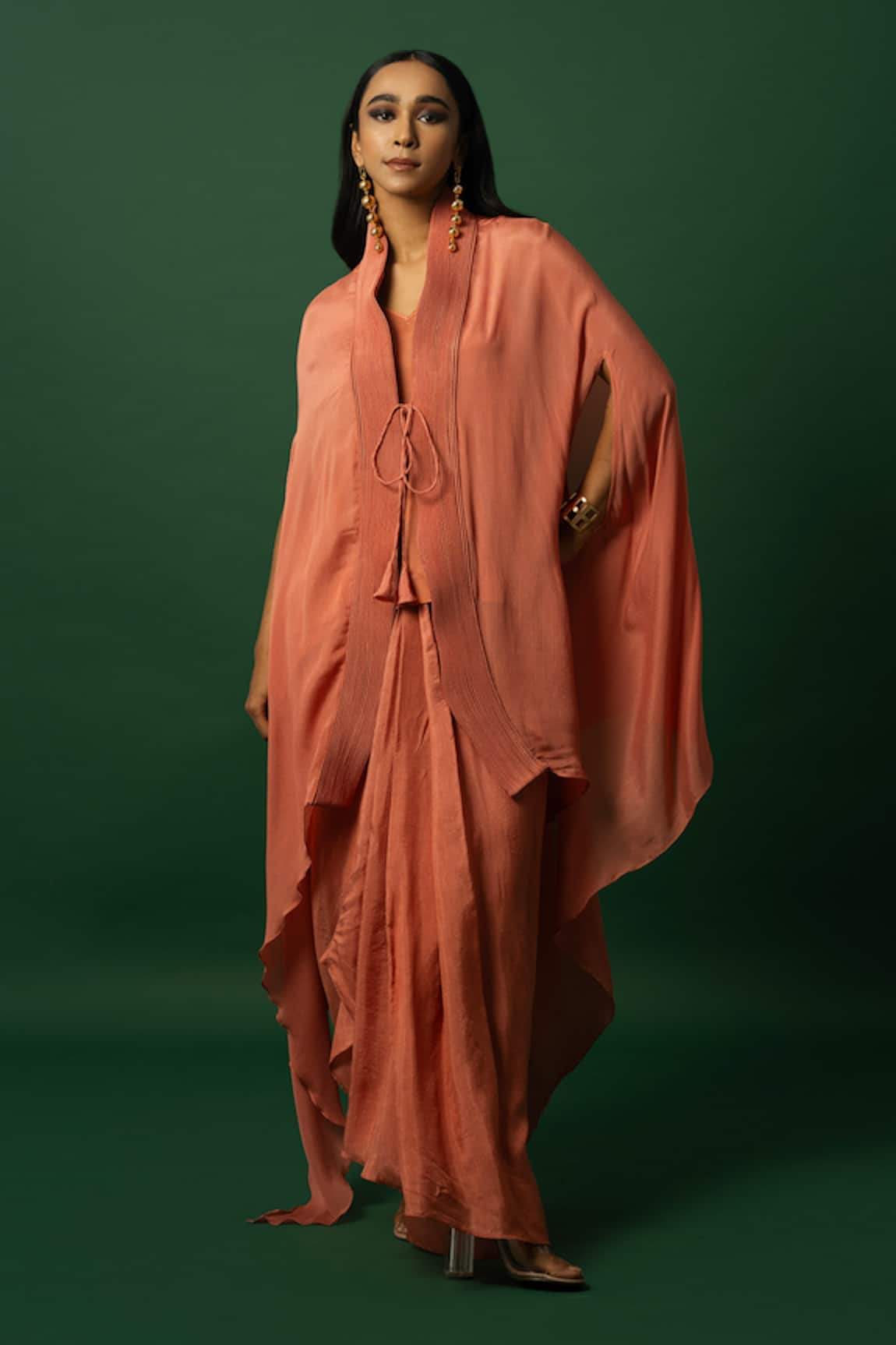 DAY AND MOOD Burnt Orange Dhoti Cape Set 