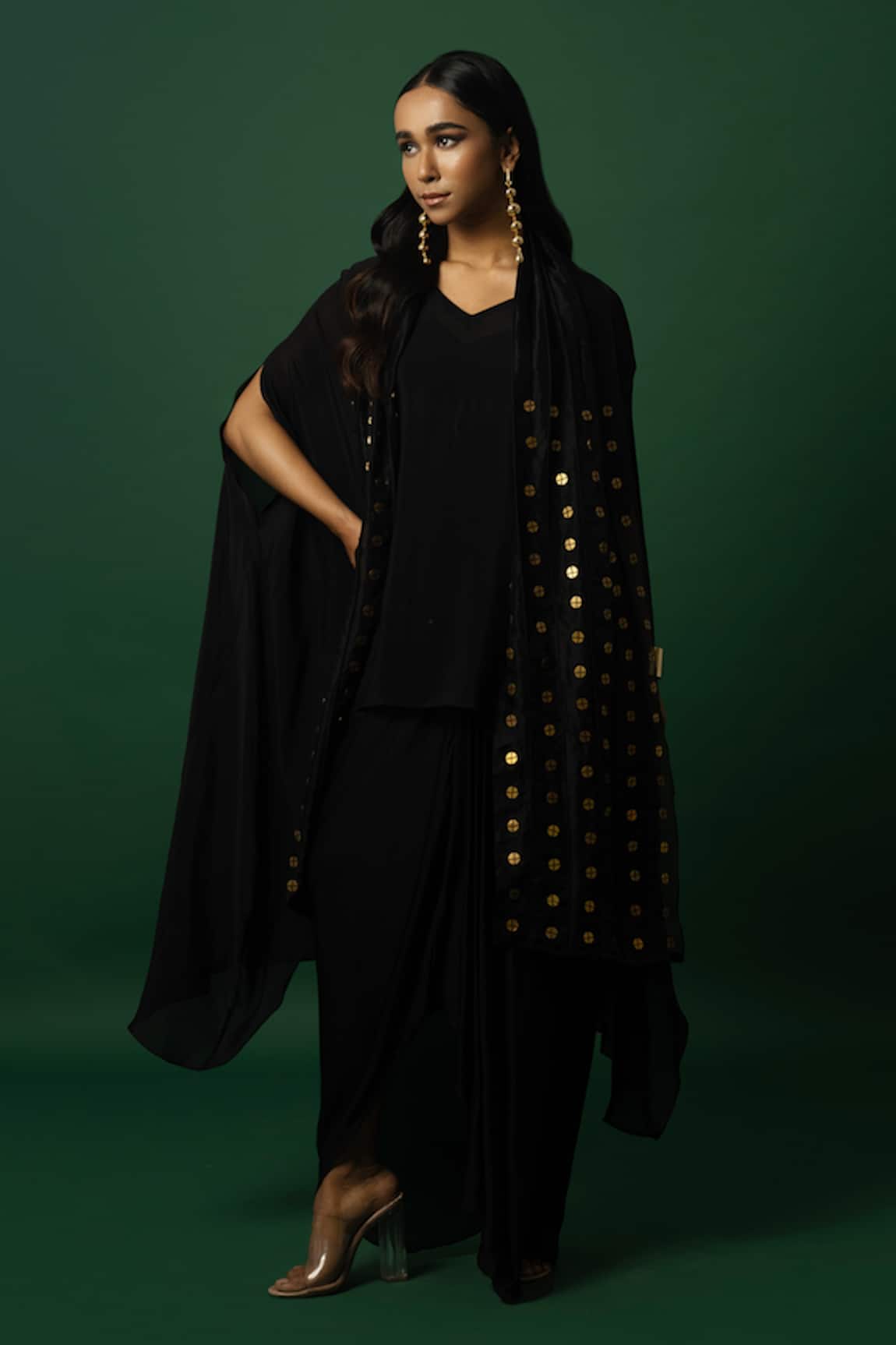 DAY AND MOOD Black Dhoti Skirt & Cape Set 