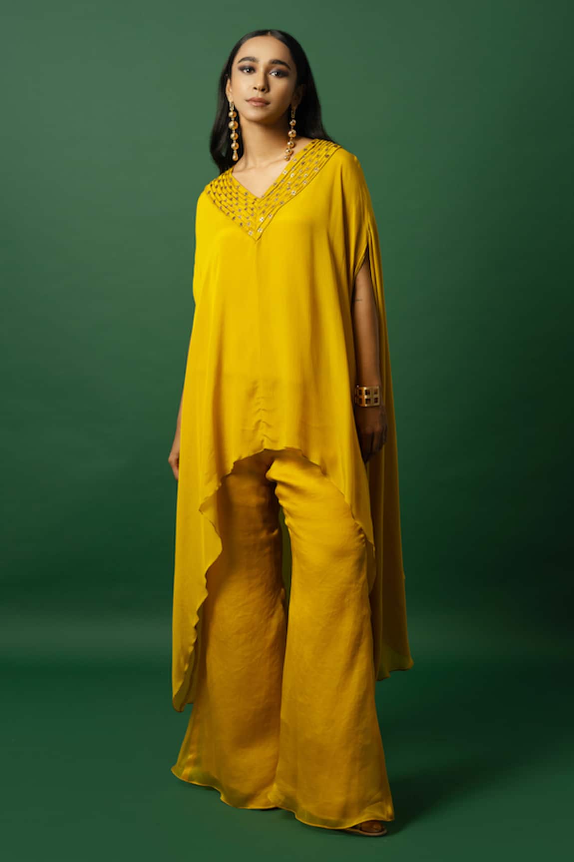 DAY AND MOOD Yellow Chiffon Kaftan Set 