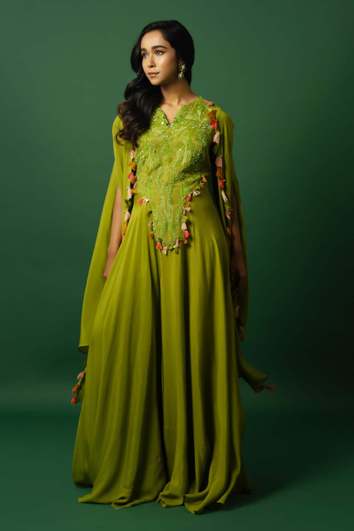 DAY AND MOOD Embroidered Green Chiffon Jumpsuit Set 