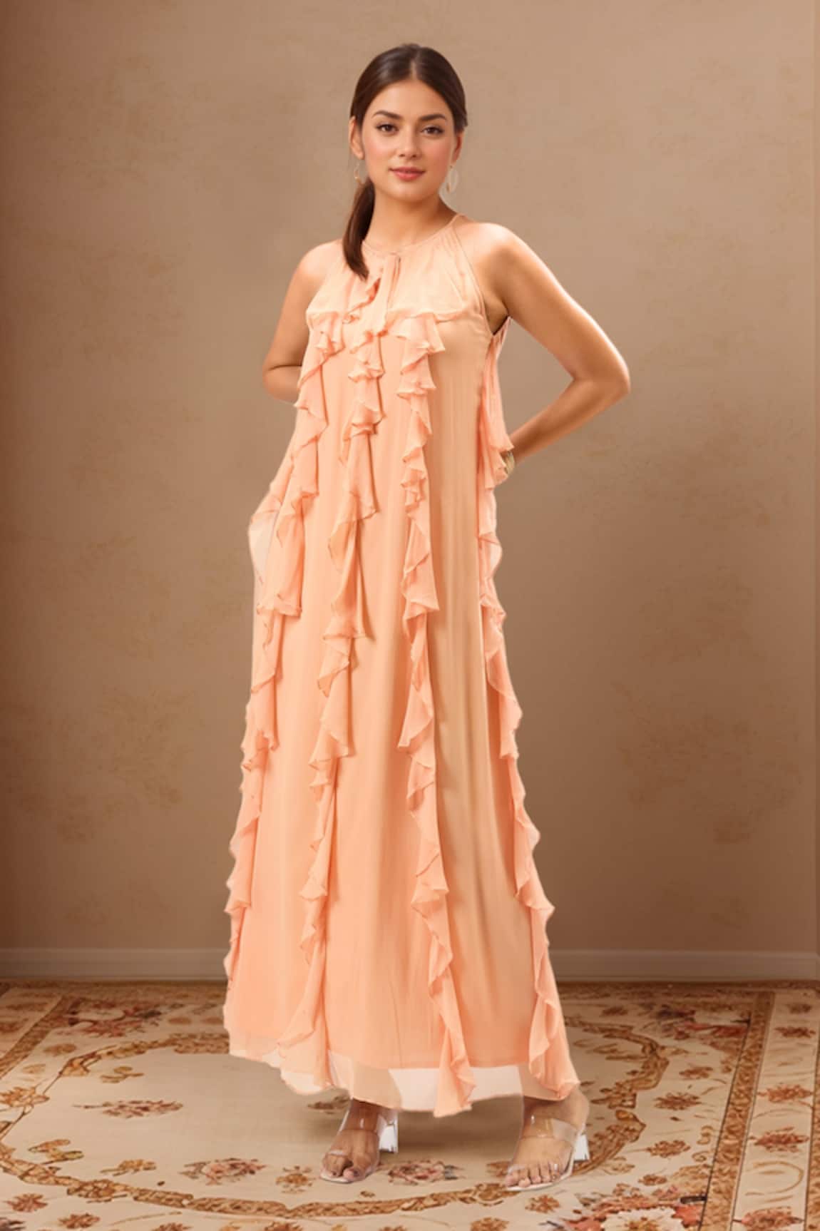 Samyukta Singhania Peach Georgette Ruffled Maxi Dress 