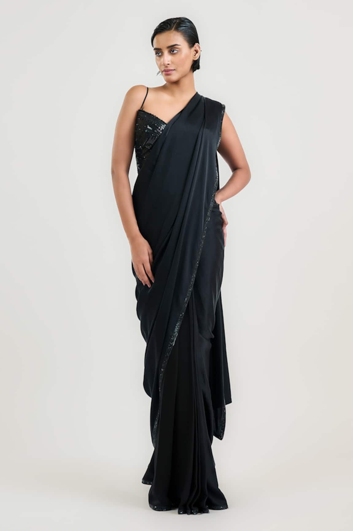 OTT Beaded Black Pre-Draped Saree 