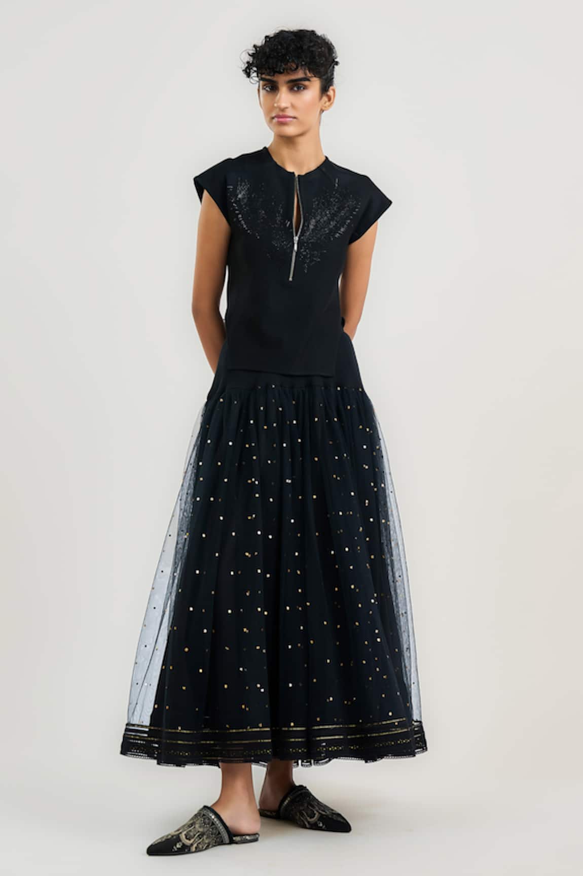 OTT Mukaish Tulle Black Midi Skirt 