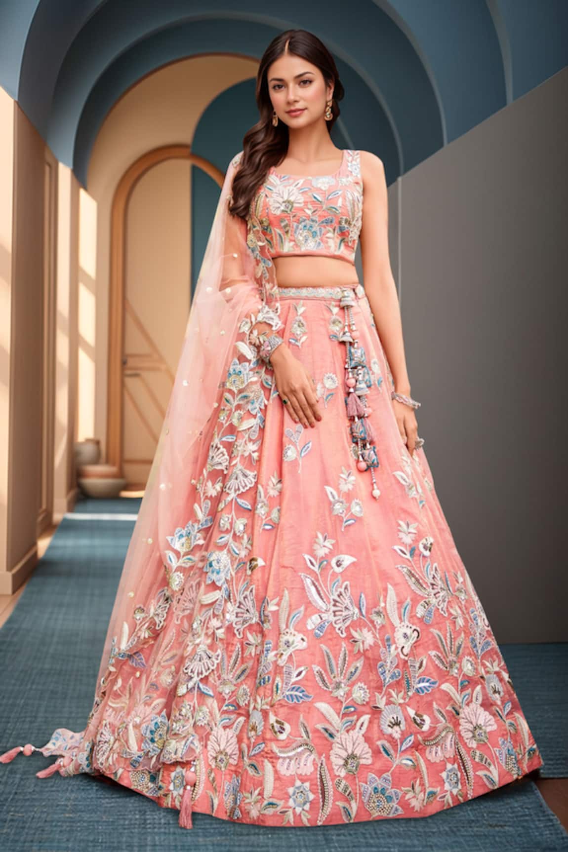 Samyukta Singhania Peach Floral Embroidered Lehenga Set 