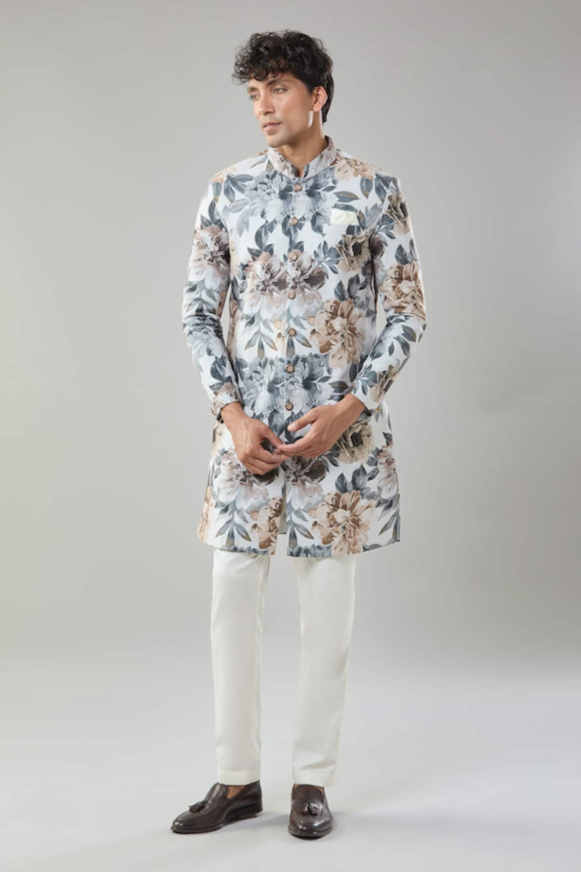 Arihant Rai Sinha Floral Print Semi Indo Sherwani Set 