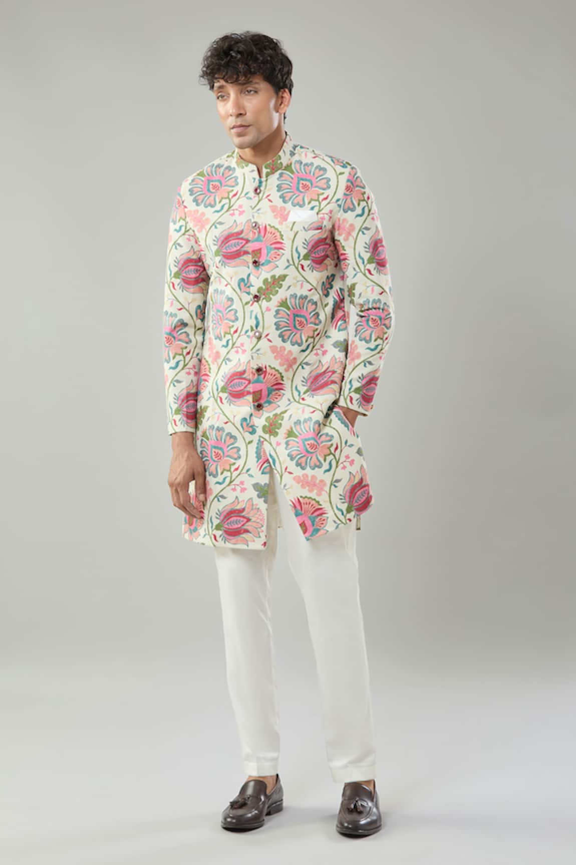 Arihant Rai Sinha Floral Printed Beige Sherwani Set 