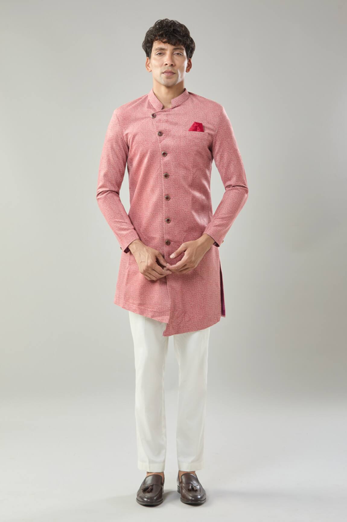 Arihant Rai Sinha Red Swad Velvet Semi Indo Sherwani Set 