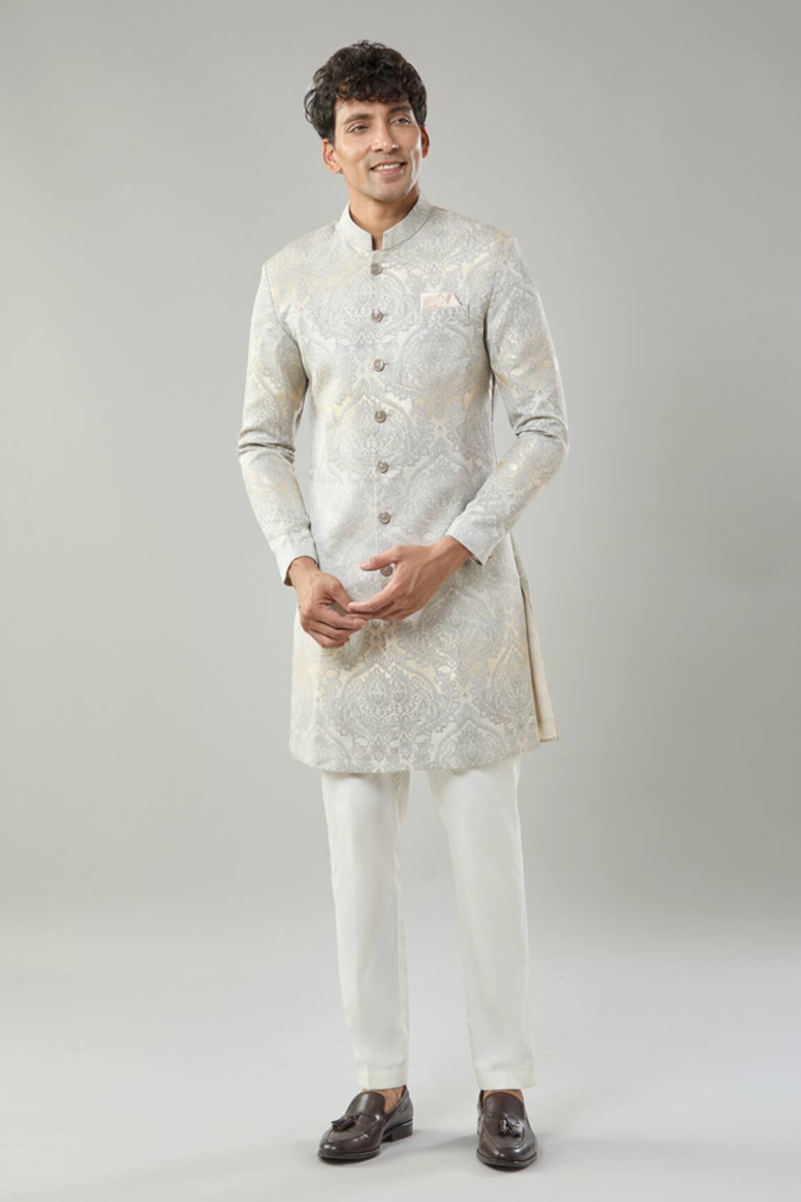 Arihant Rai Sinha Gold & Grey Woven Jacquard Sherwani Set 