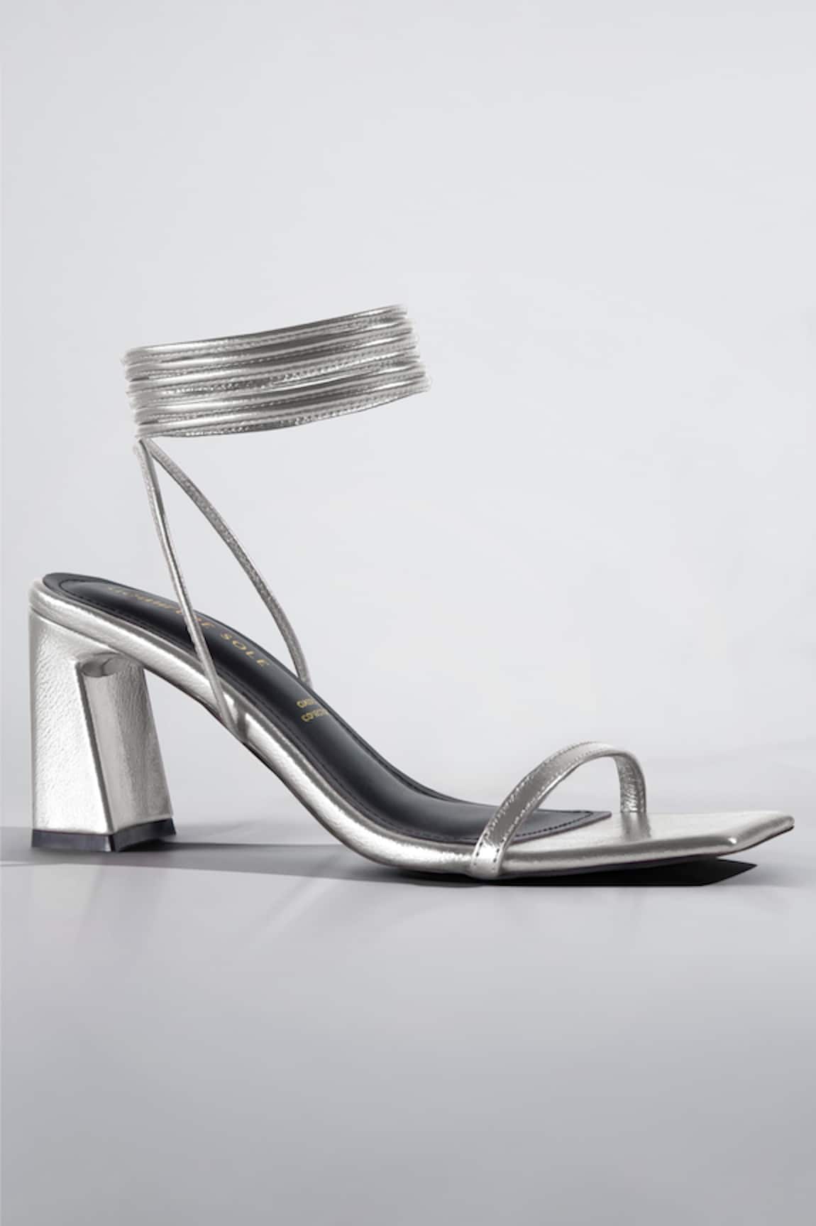 Signature Sole Silver Metallic Wrap-Around Block Heels 