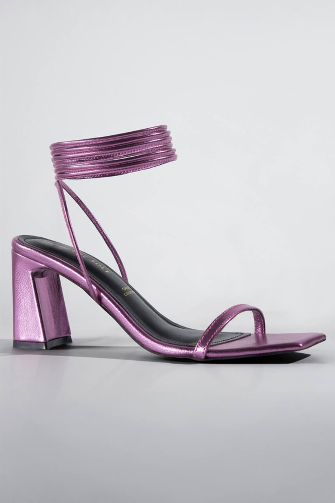 Signature Sole Metallic Ankle Wrap Block Heels