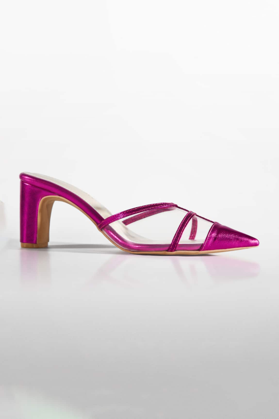 Signature Sole Fuchsia Pink Metallic Pointed Toe Block Heels
