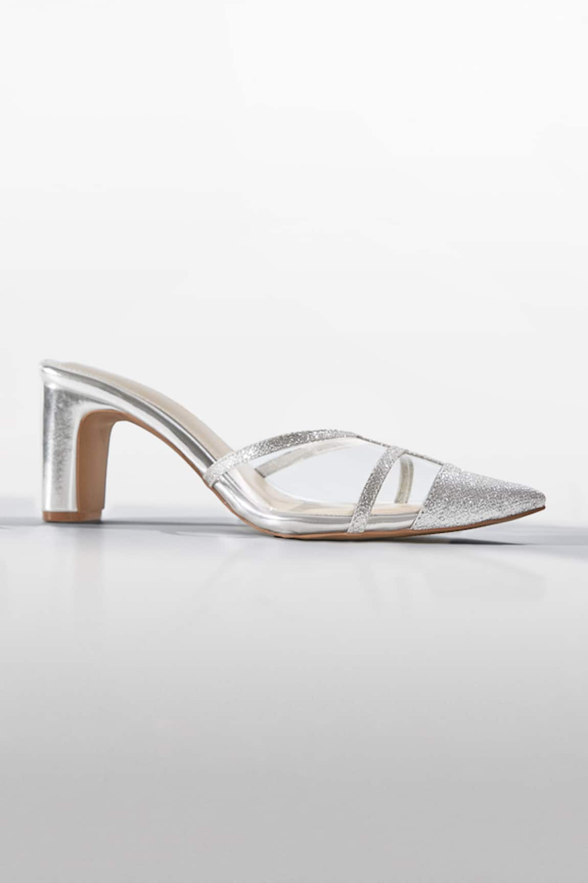 Signature Sole Silver Glitter Pointed Toe Block Heels 