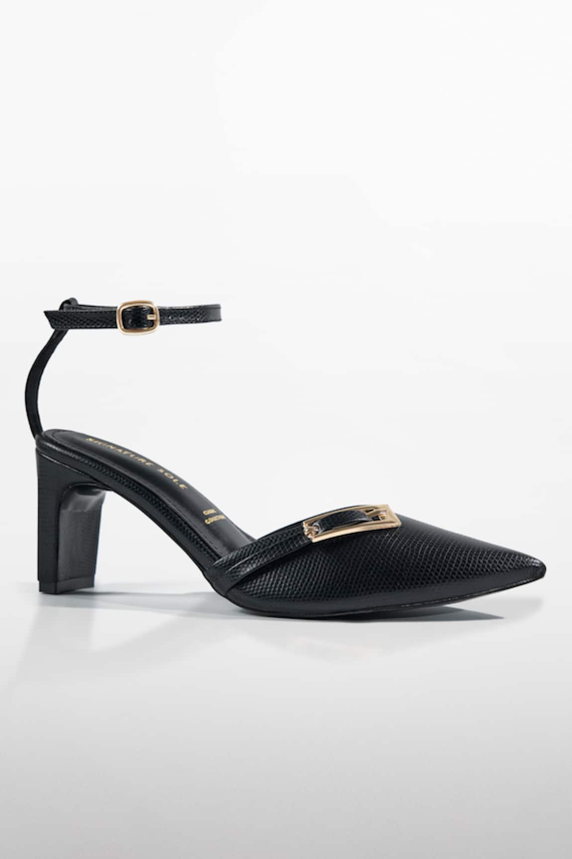 Signature Sole Textured Black Pointed-Toe Block Heels 