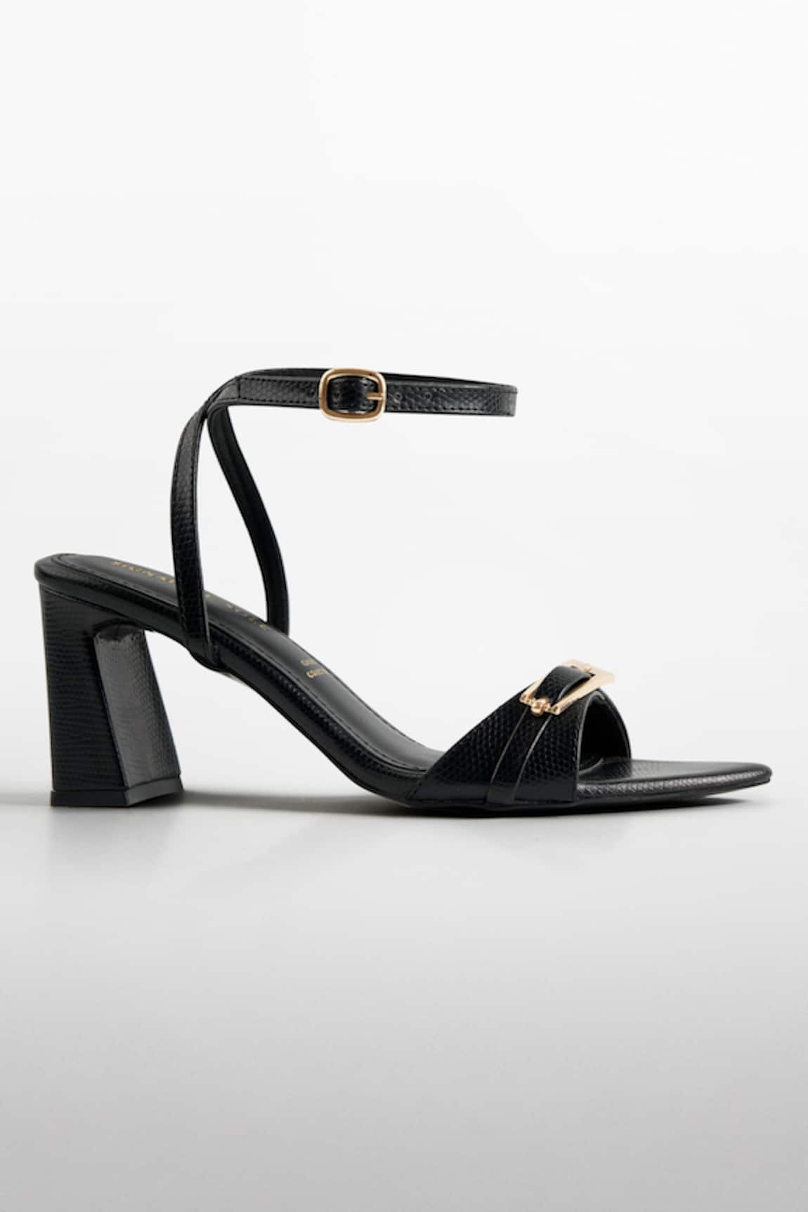 Signature Sole Black Gold Buckle Strap Heels 