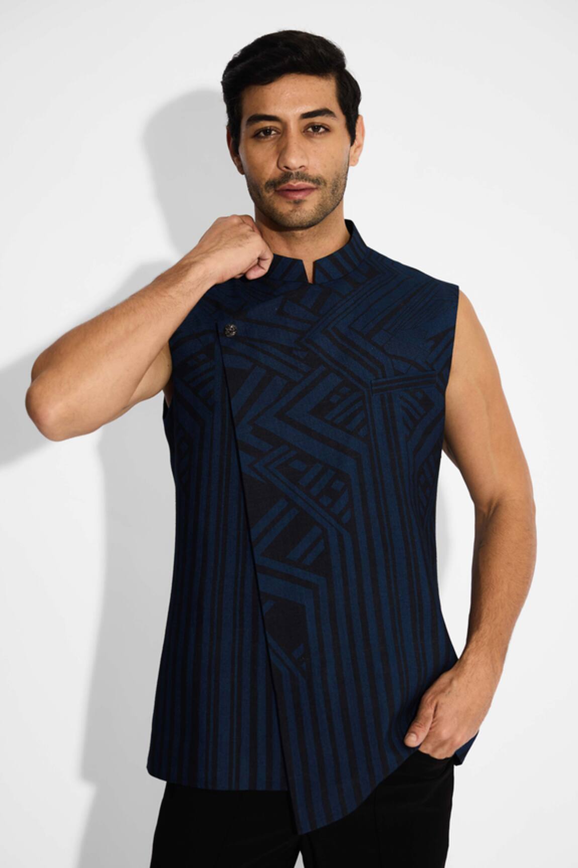 SHASHA GABA Obsidian Blue Tussar Boski Nehru Jacket