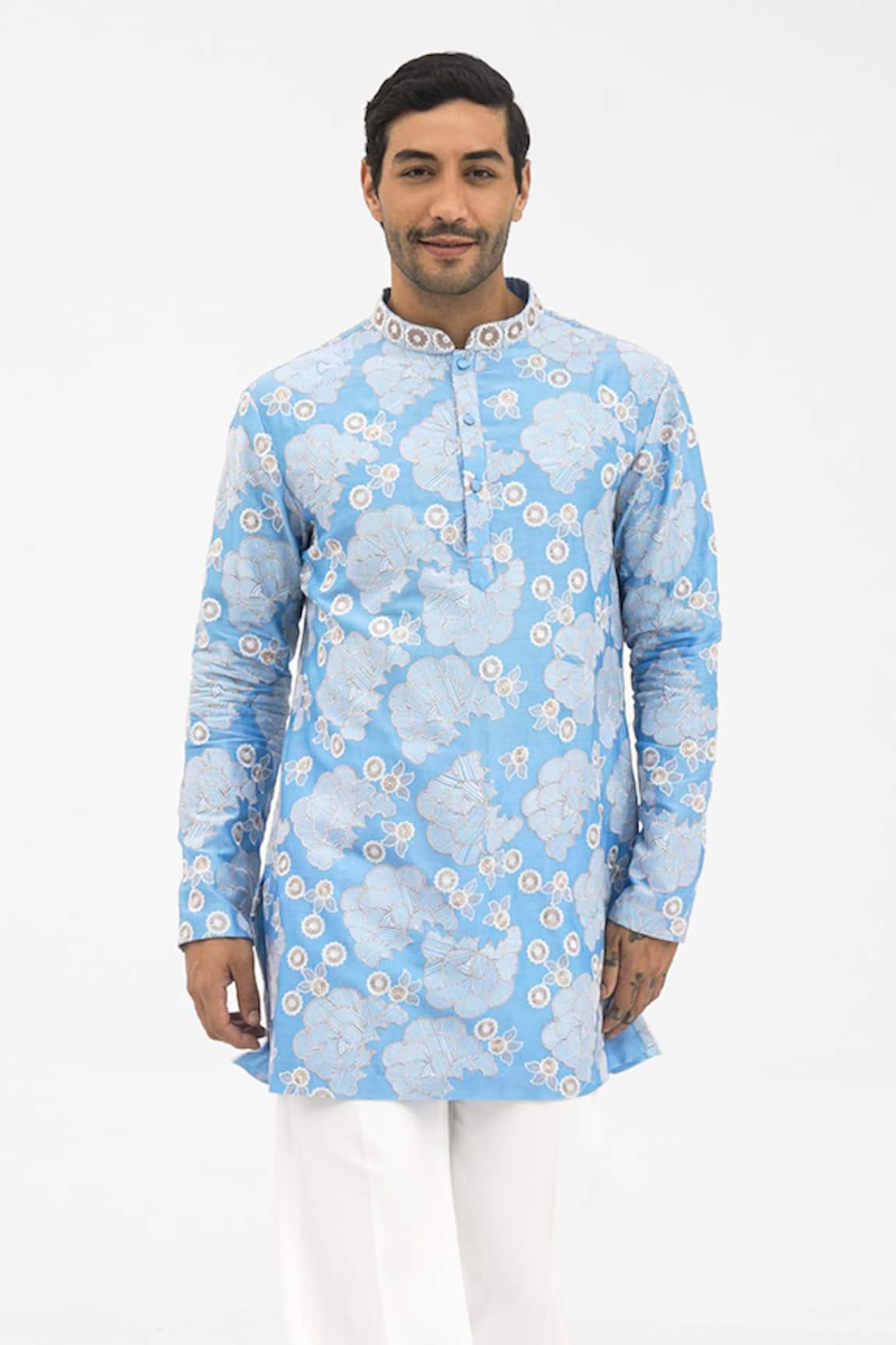 Shasha Gaba Petal Grid Frost Blue Kurta 