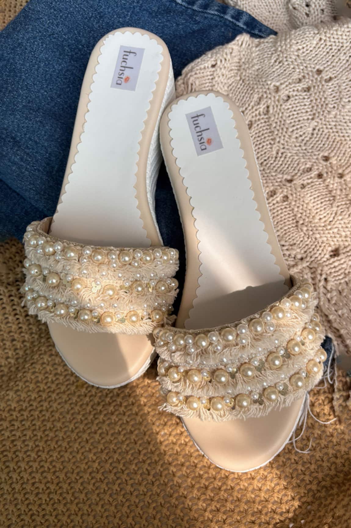 Fuchsia Designer Pearl Embellished Wedges 