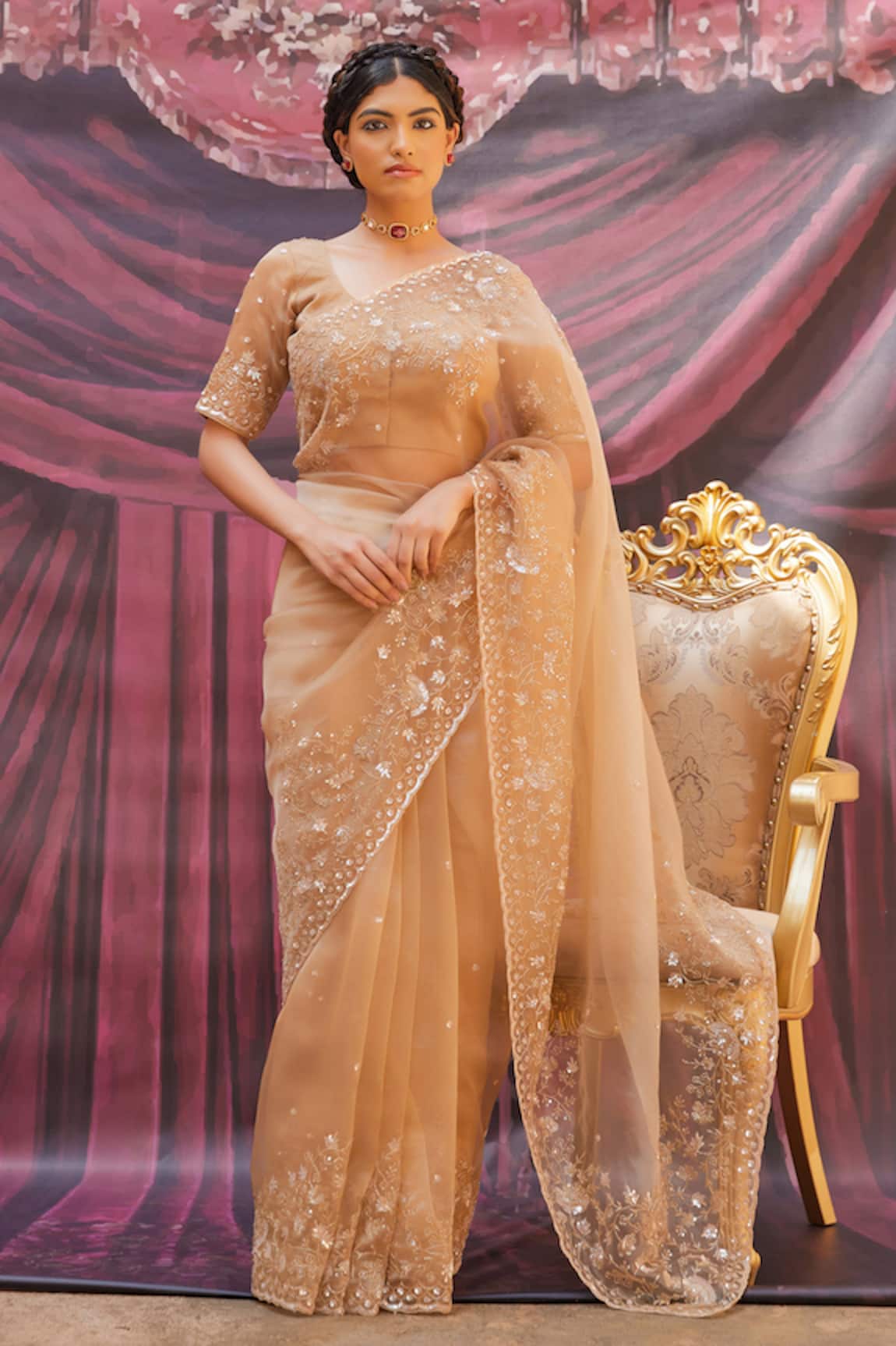 Geroo Jaipur Champagne Gold Embroidered Saree Set 
