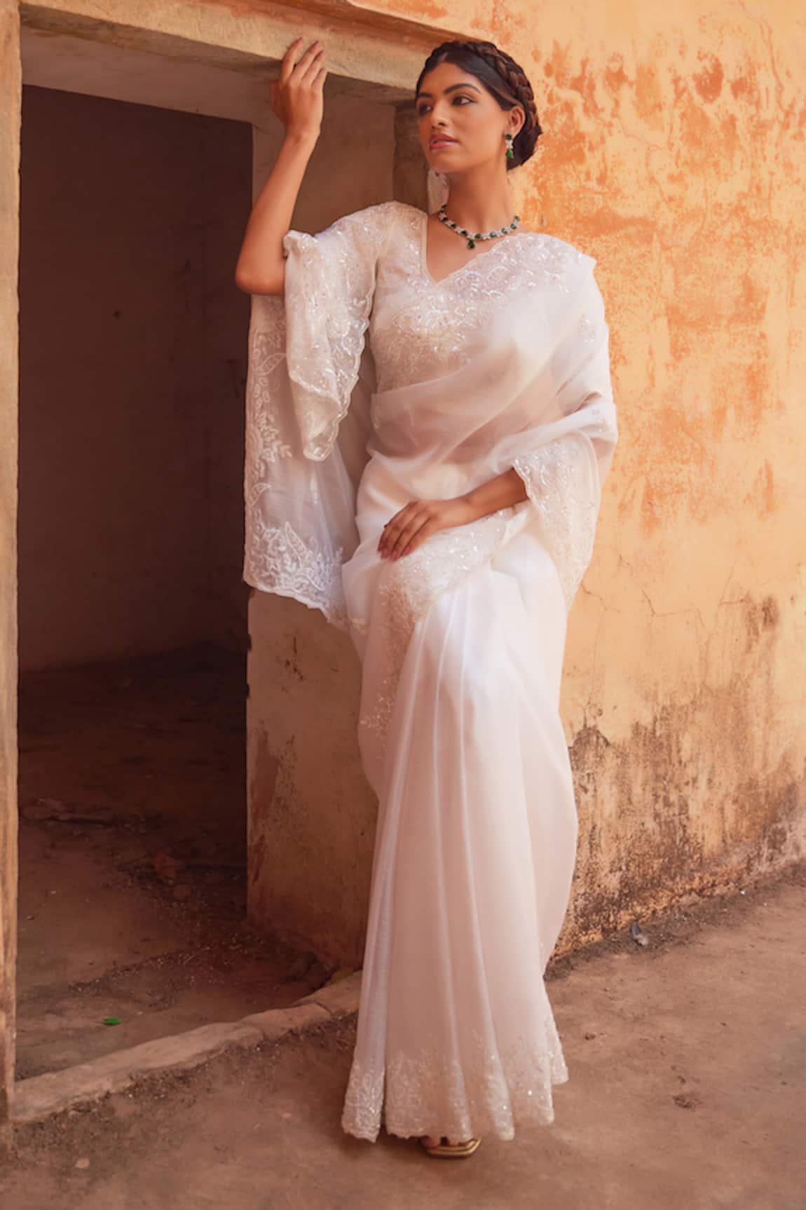 Geroo Jaipur Delicate Hand Embroidered White Saree Set 