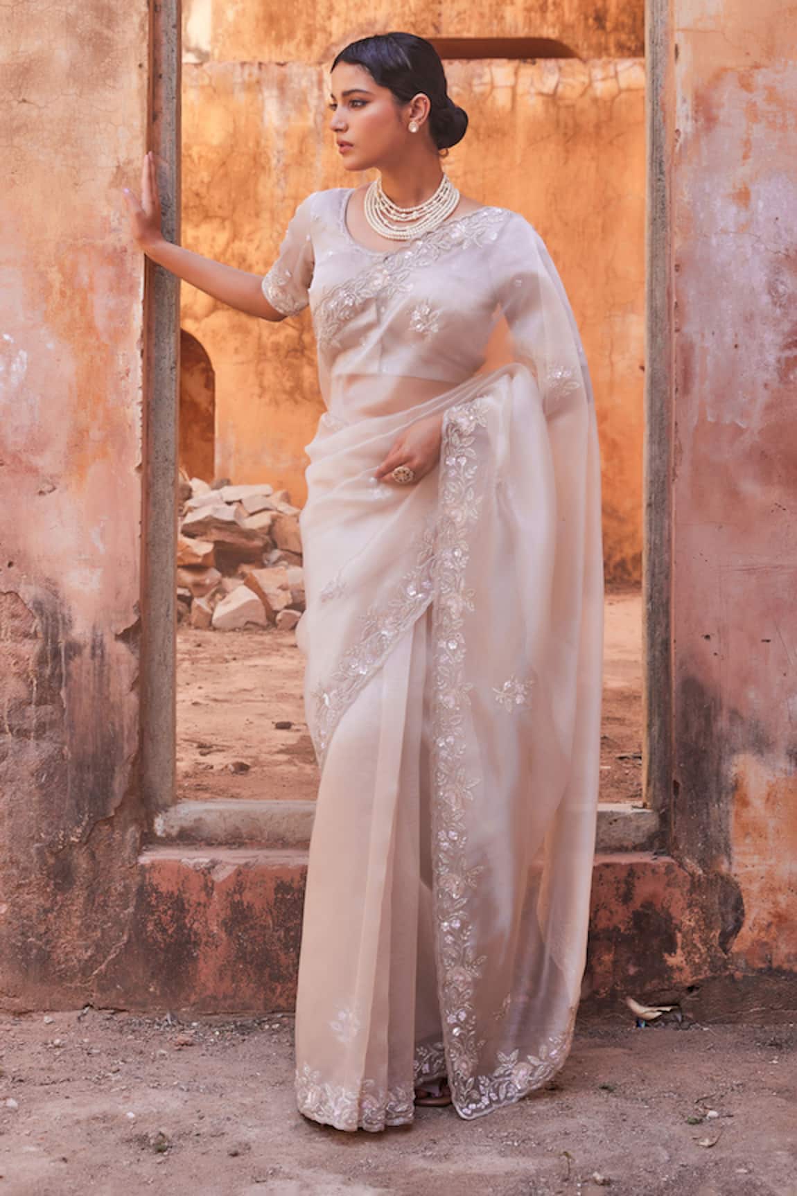 Geroo Jaipur Hand Embroidered Dusty Silver Saree Set 