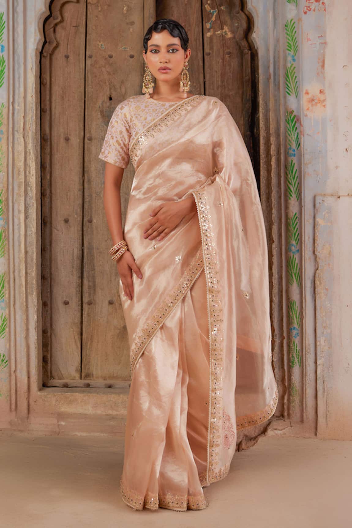 Geroo Jaipur Rose Gold Tissue Saree Set 