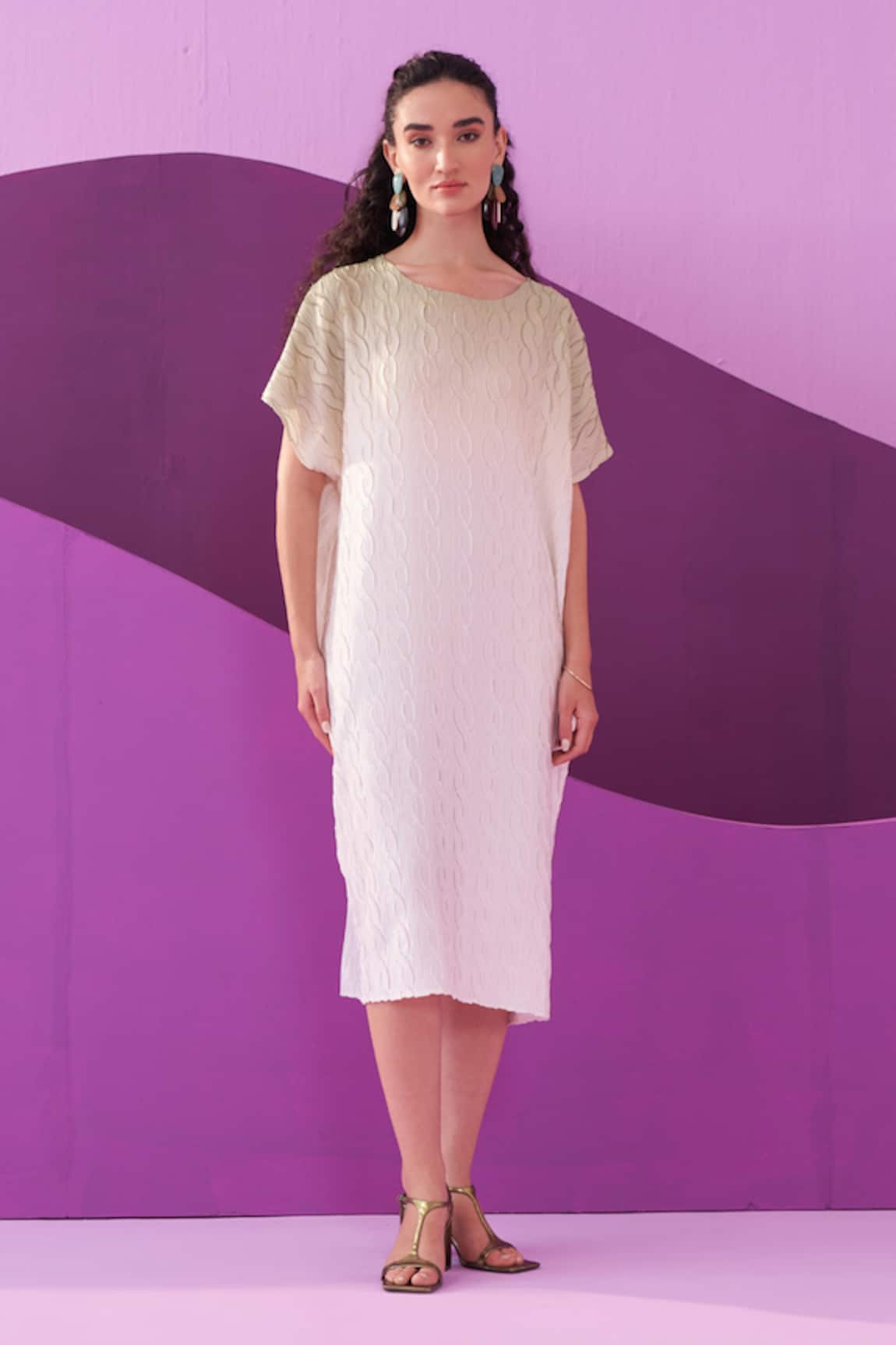 Pleats by Aruni Beige & White Crepe Satin Midi Dress 