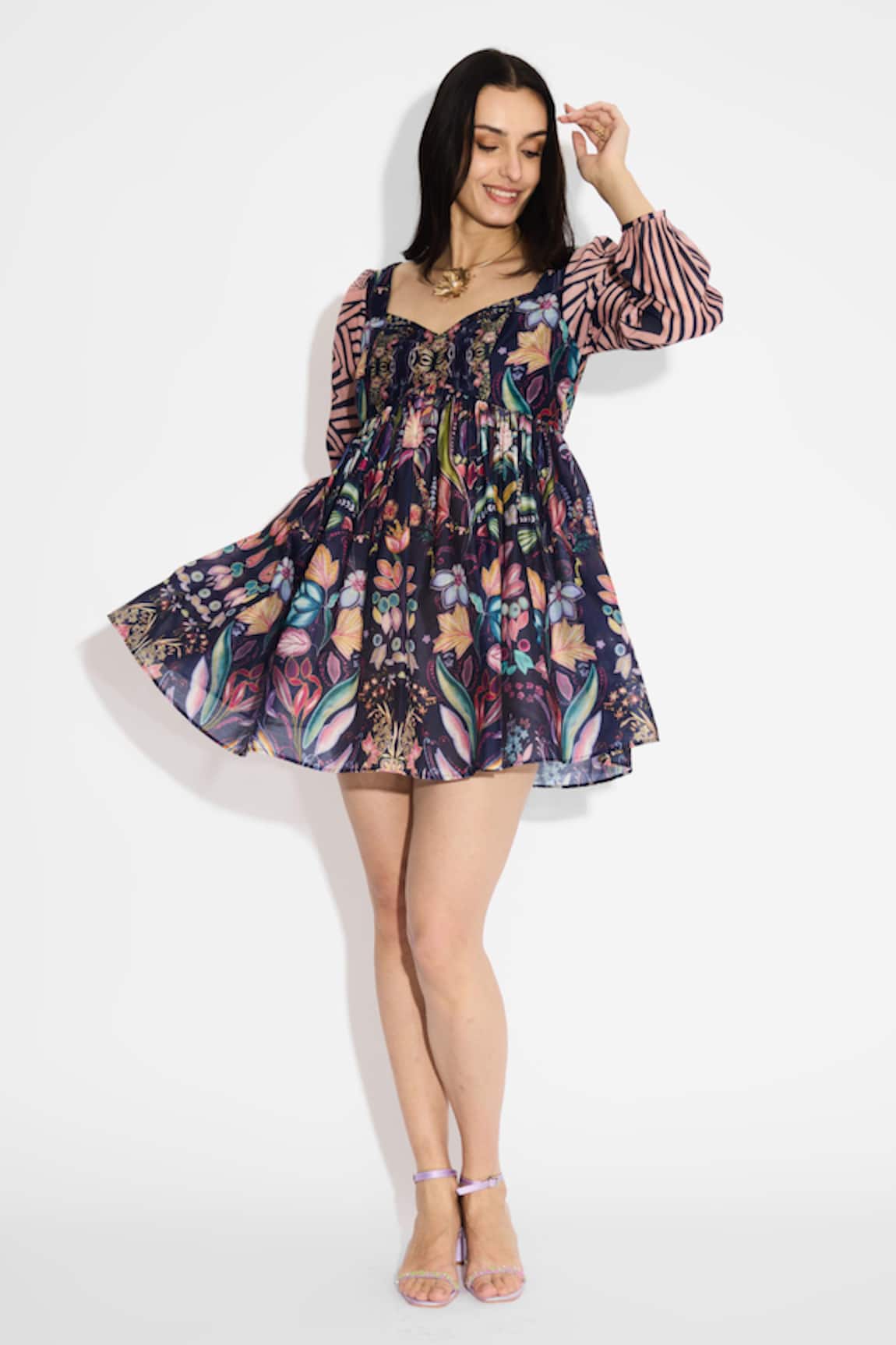 Shasha Gaba Floral & Stripes Short Dress 
